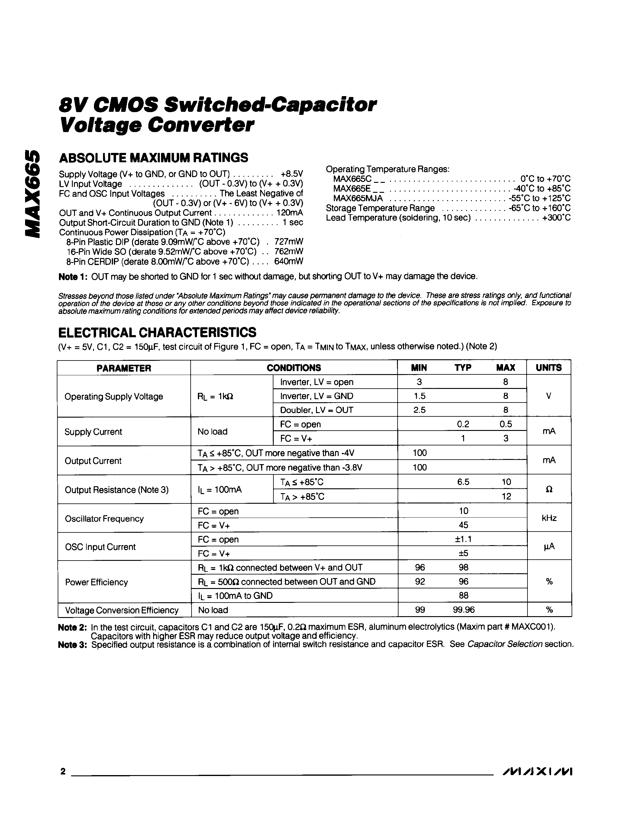 Datasheet MAX665 - 8V CMOS Switched-Capacitor Voltage Converter page 2
