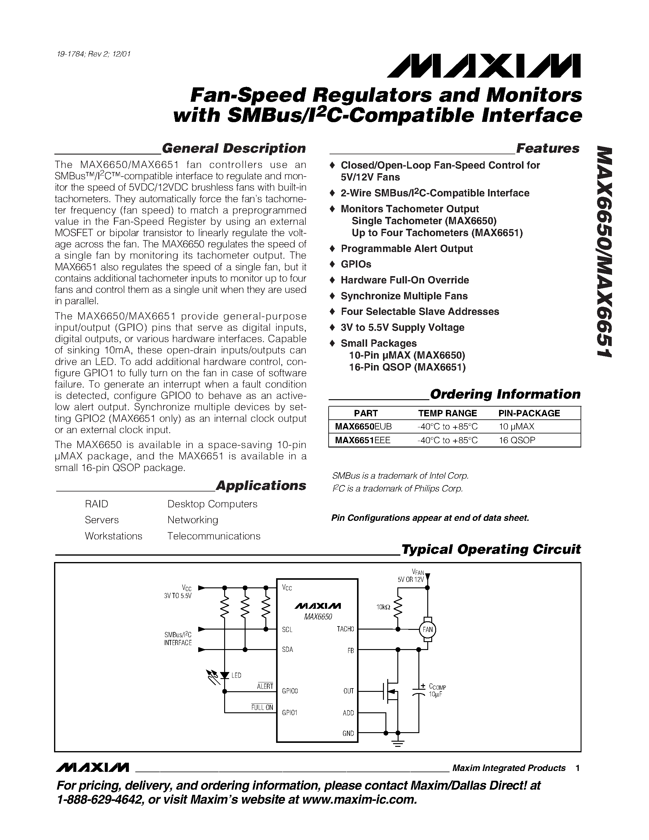 Даташит MAX6650EUB - Fan-Speed Regulators and Monitors with SMBus/I2C-Compatible Interface страница 1