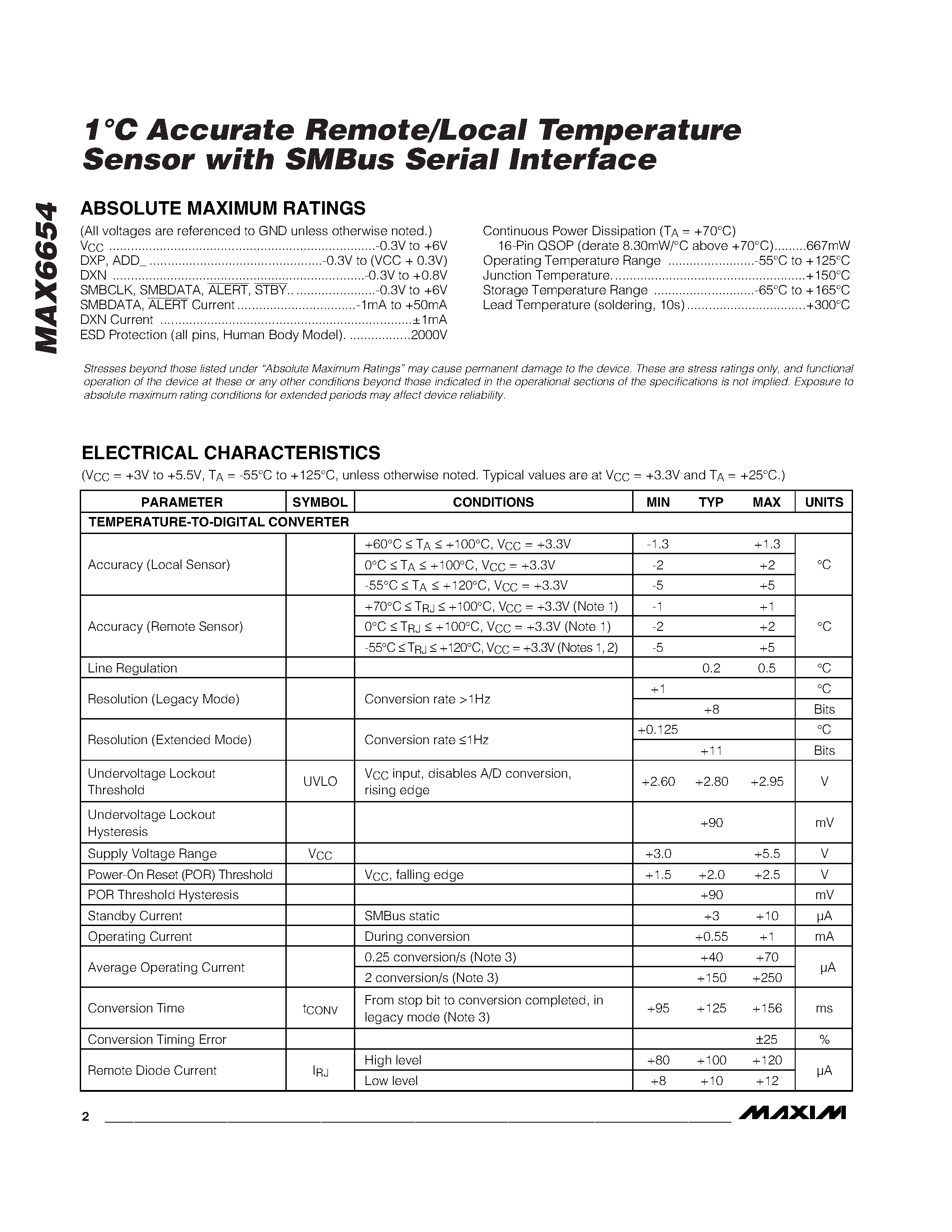 Даташит MAX6654 - 1C Accurate Remote/Local Temperature Sensor with SMBus Serial Interface страница 2