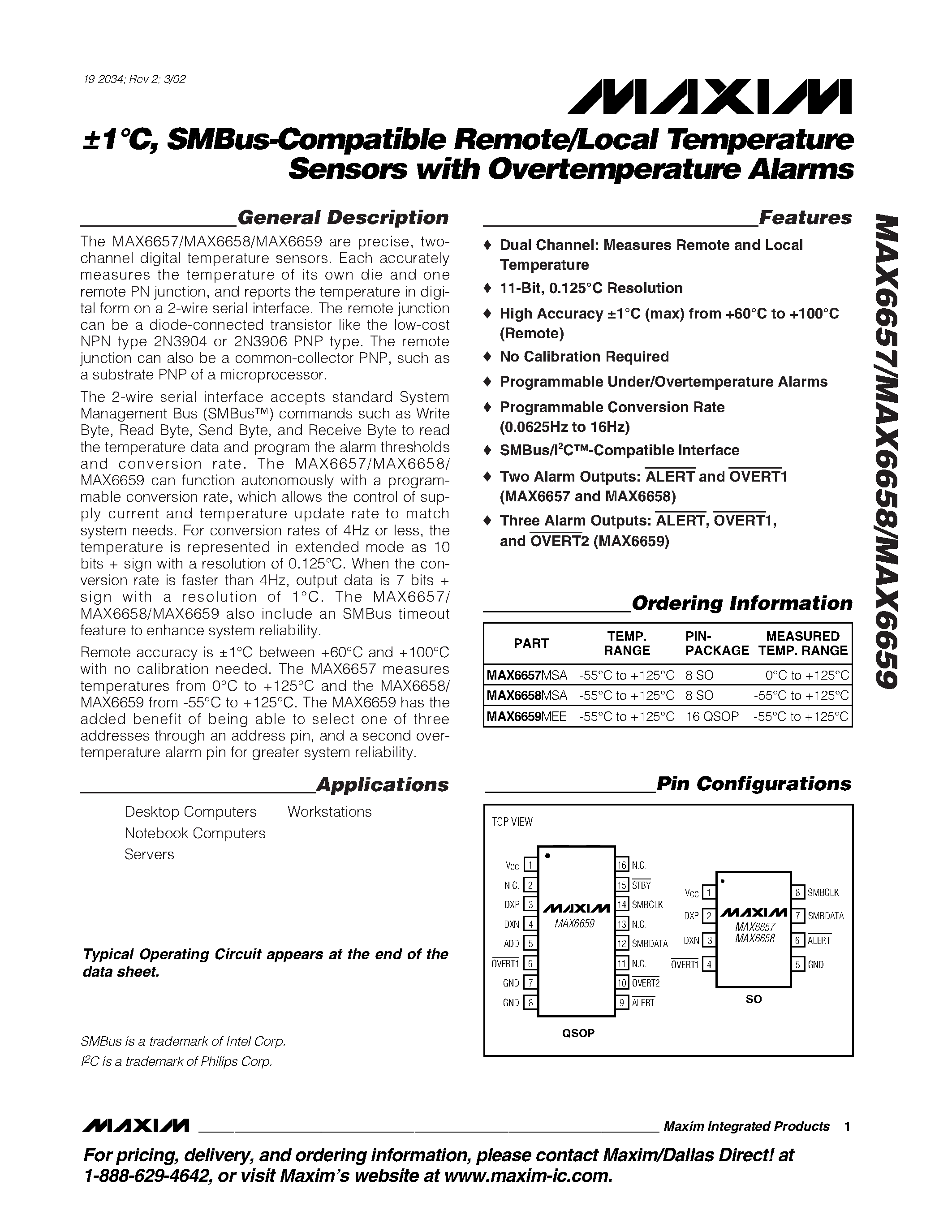 Даташит MAX6658MSA - 1C / SMBus-Compatible Remote/Local Temperature Sensors with Overtemperature Alarms страница 1