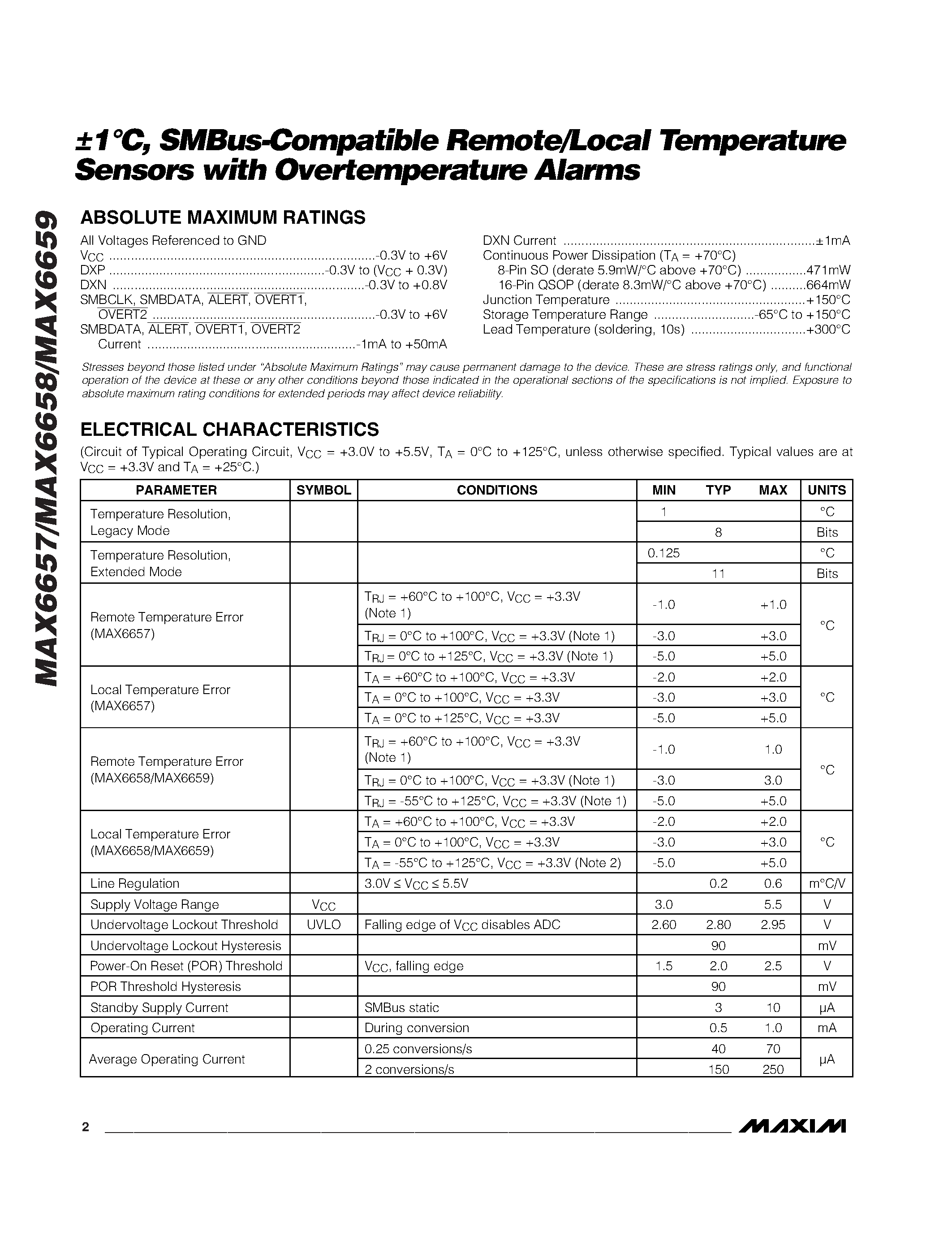 Даташит MAX6658MSA - 1C / SMBus-Compatible Remote/Local Temperature Sensors with Overtemperature Alarms страница 2
