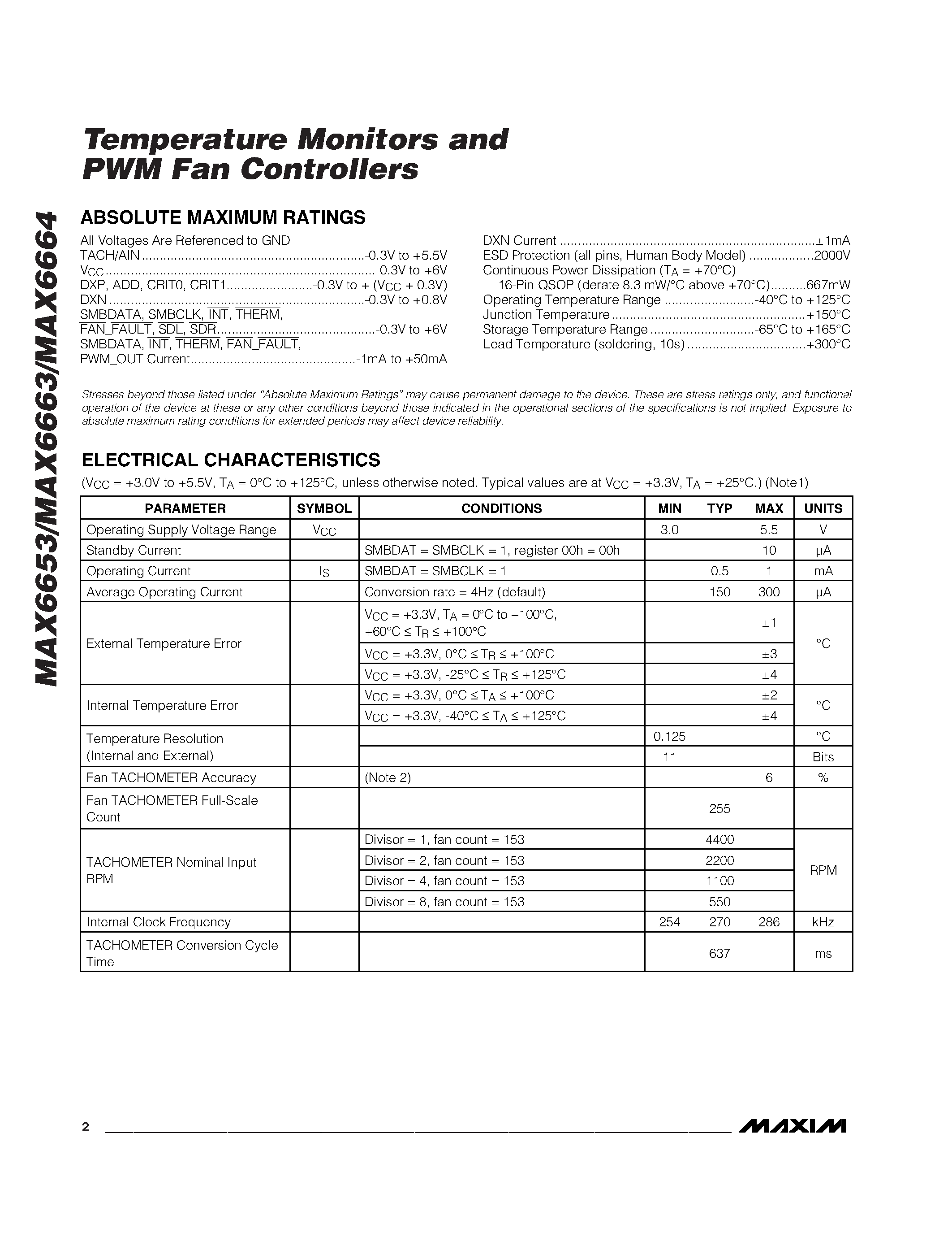 Datasheet MAX6663AEE - Temperature Monitors and PWM Fan Controllers page 2