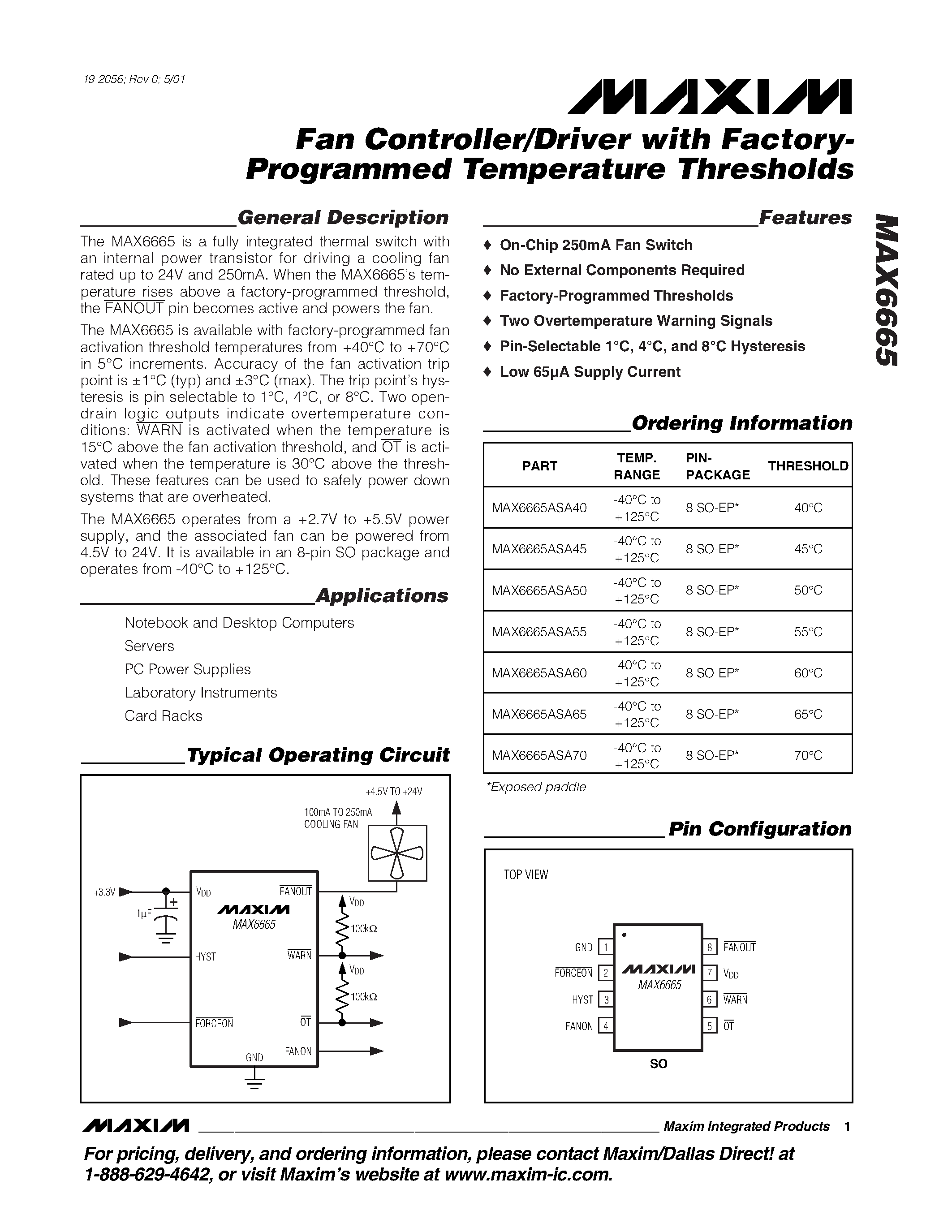 Datasheet MAX6665ASA60 - Fan Controller/Driver with Factory- Programmed Temperature Thresholds page 1