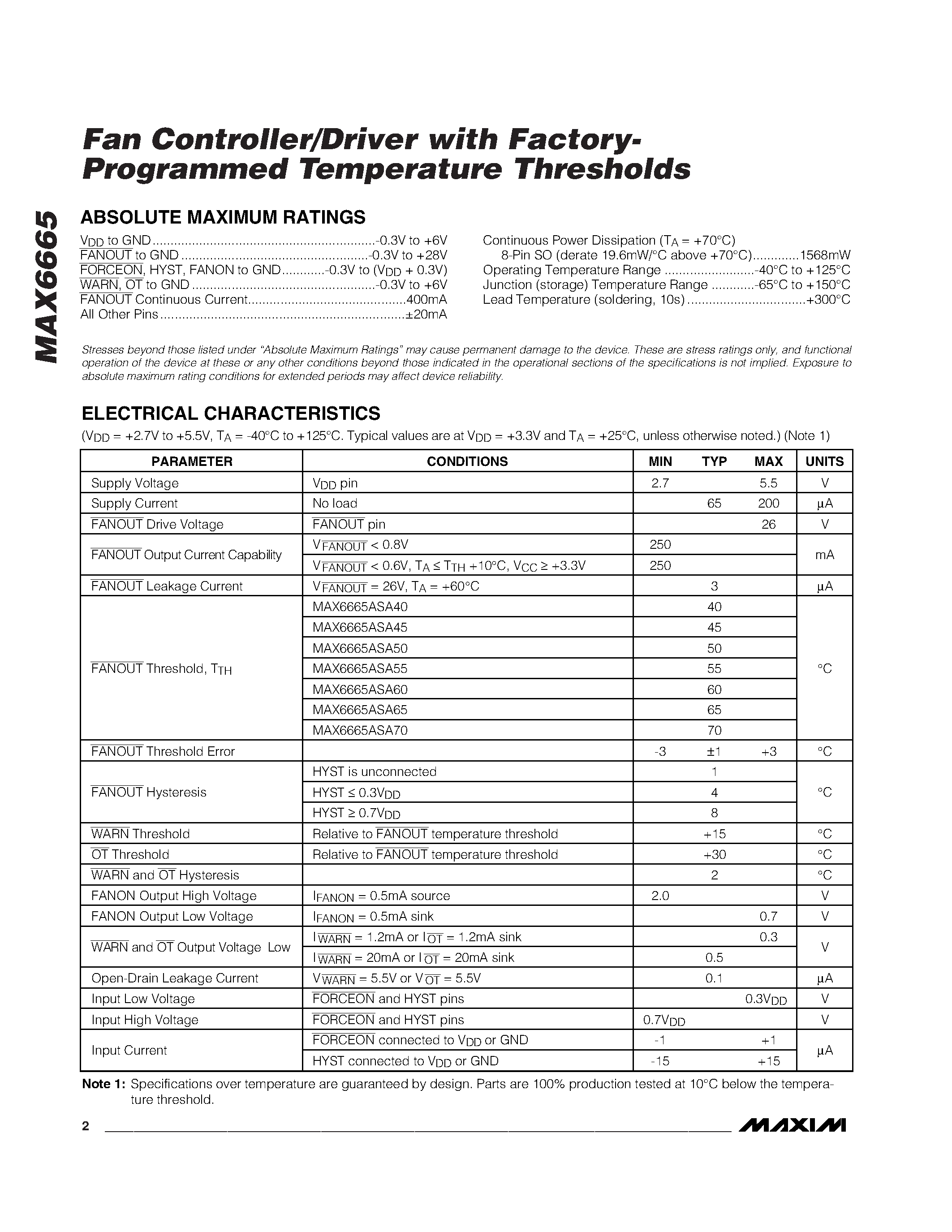 Datasheet MAX6665ASA65 - Fan Controller/Driver with Factory- Programmed Temperature Thresholds page 2