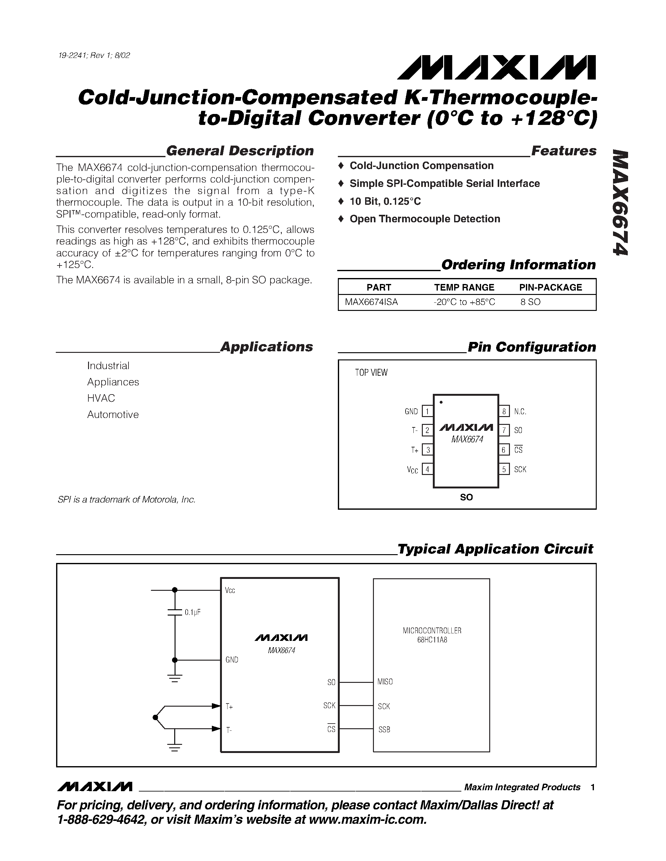 Datasheet MAX6674ISA - Cold-Junction-Compensated K-Thermocouple to-Digital Converter (0C to +128C) page 1