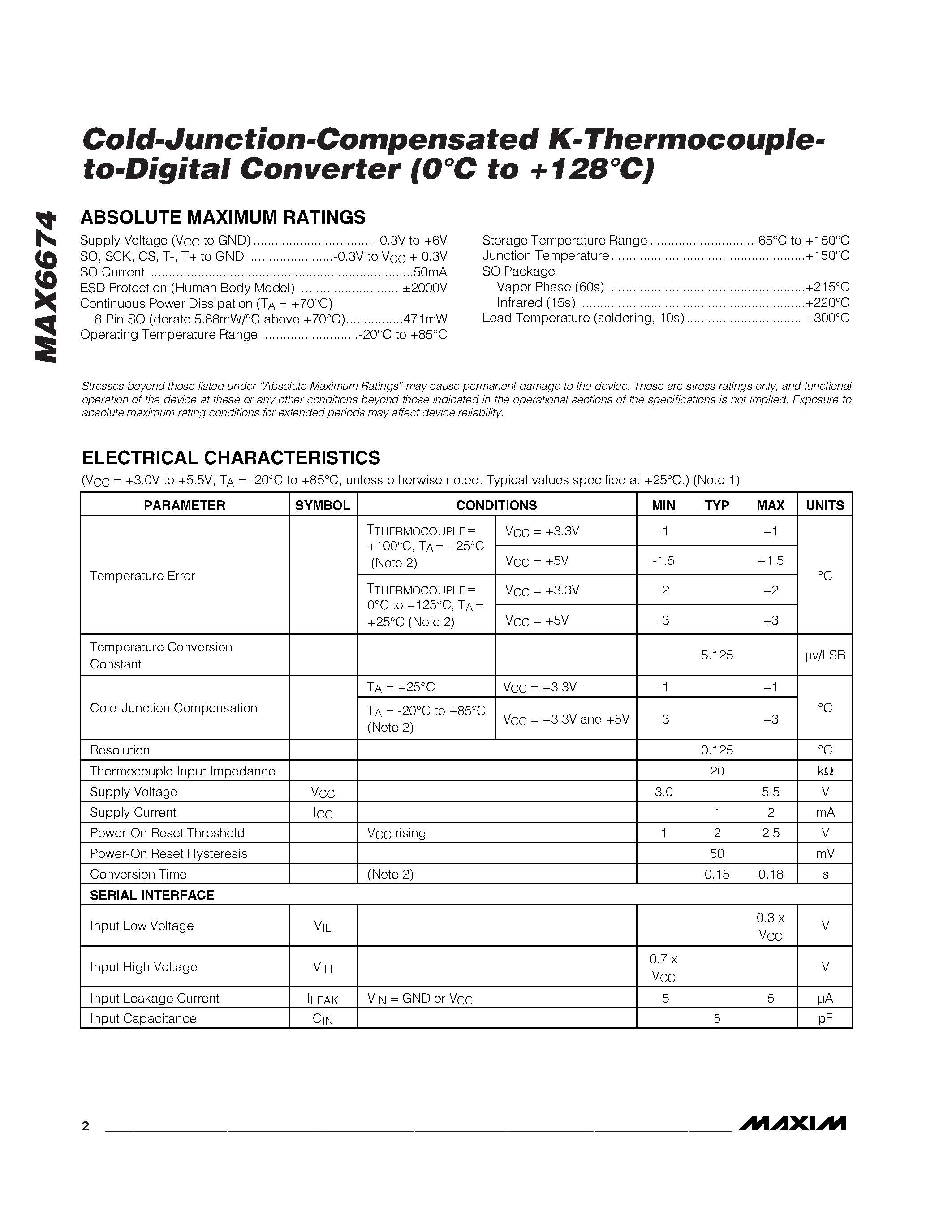 Datasheet MAX6674ISA - Cold-Junction-Compensated K-Thermocouple to-Digital Converter (0C to +128C) page 2
