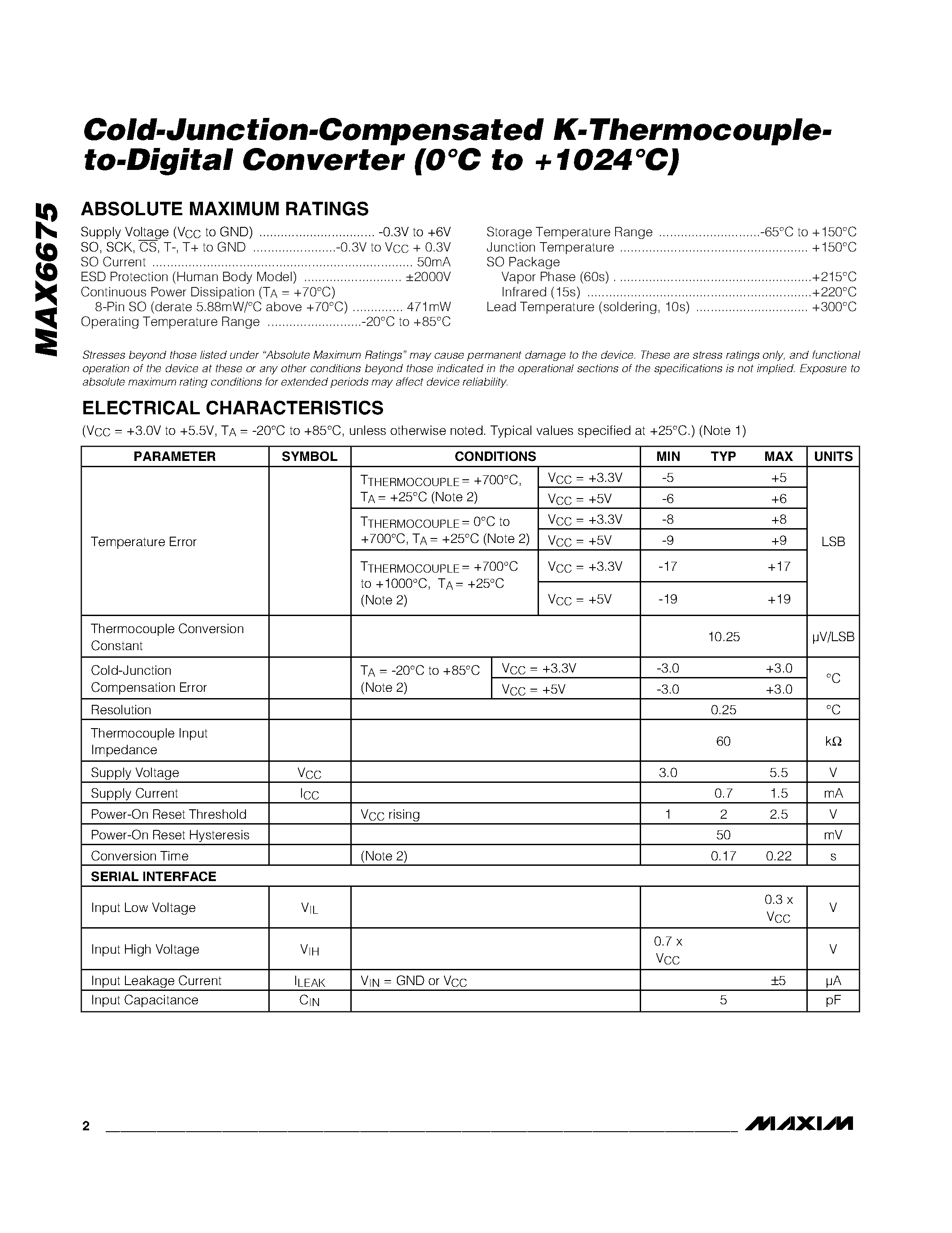 Даташит на микросхему MAX6675 страница 2 Даташит MAX6675 - Cold-Junction-Compensated K-Thermocoupleto-Digital Converter (0C to +1024C) страница 2