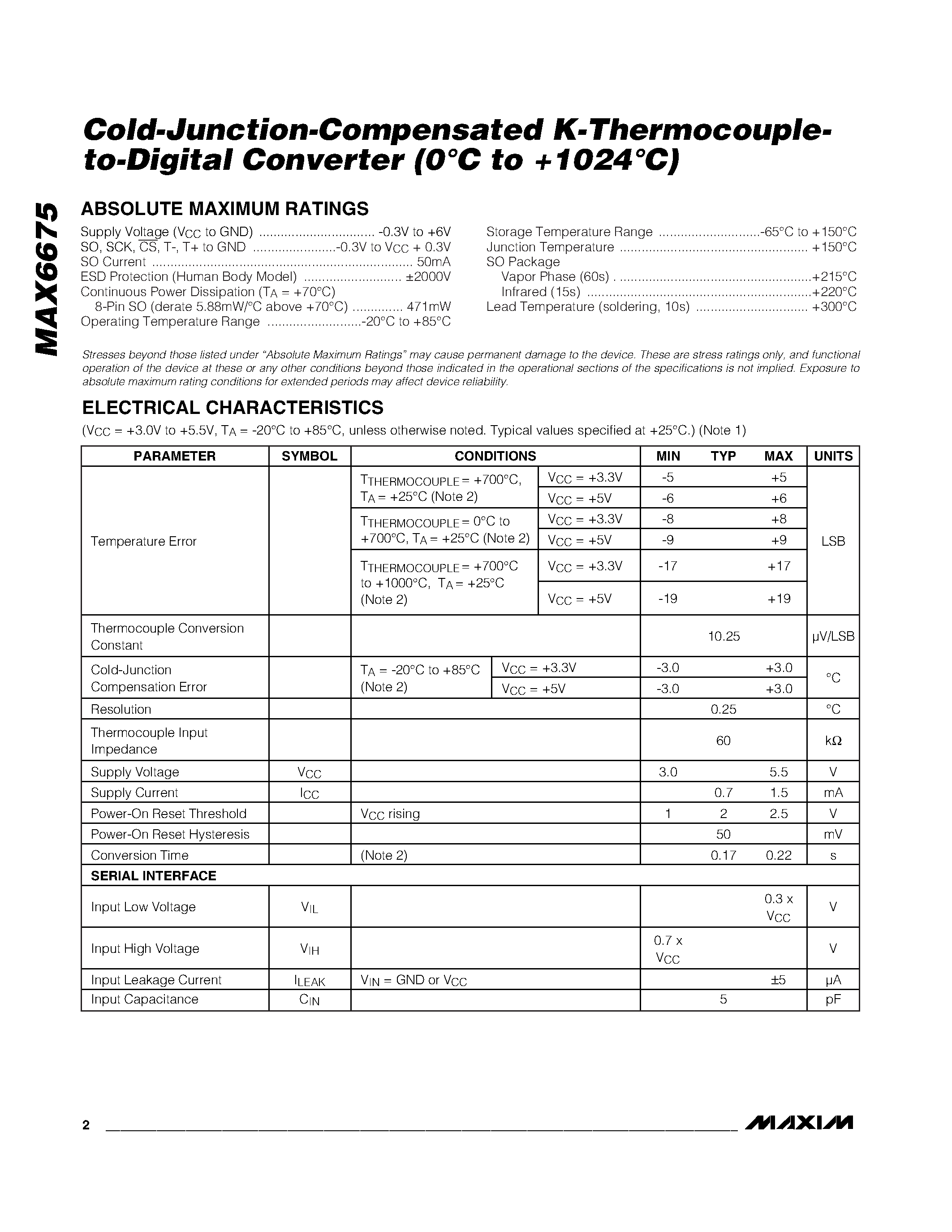 Datasheet MAX6675 - Cold-Junction-Compensated K-Thermocoupleto-Digital Converter (0C to +1024C) page 2