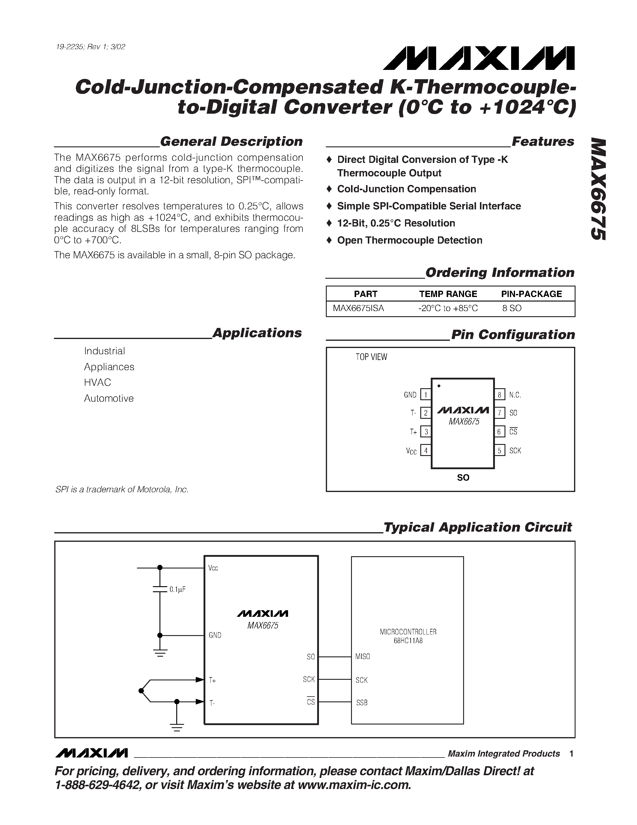 Datasheet MAX6675ISA - Cold-Junction-Compensated K-Thermocoupleto-Digital Converter (0C to +1024C) page 1