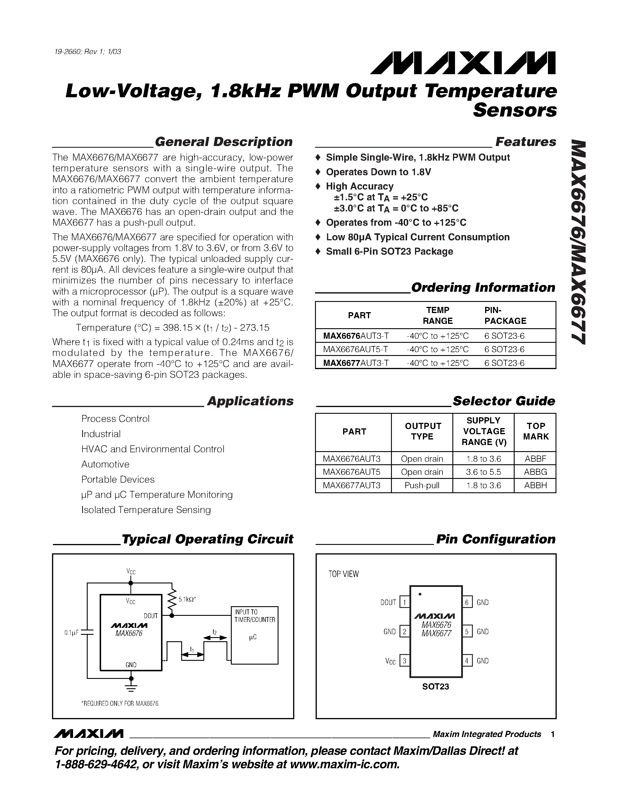Datasheet MAX6676AUT5 - Low-Voltage / 1.8kHz PWM Output Temperature Sensors page 1