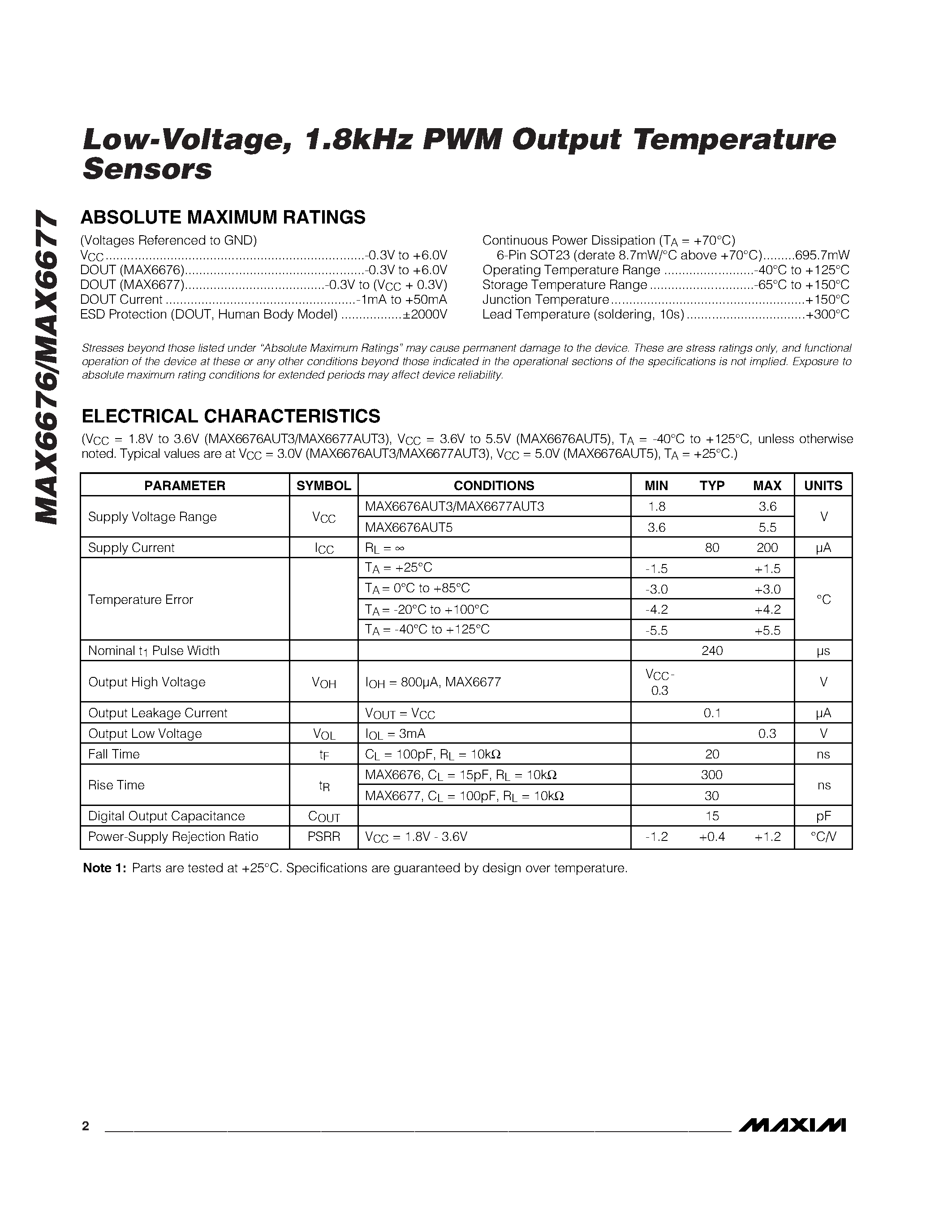 Datasheet MAX6676AUT5-T - Low-Voltage / 1.8kHz PWM Output Temperature Sensors page 2