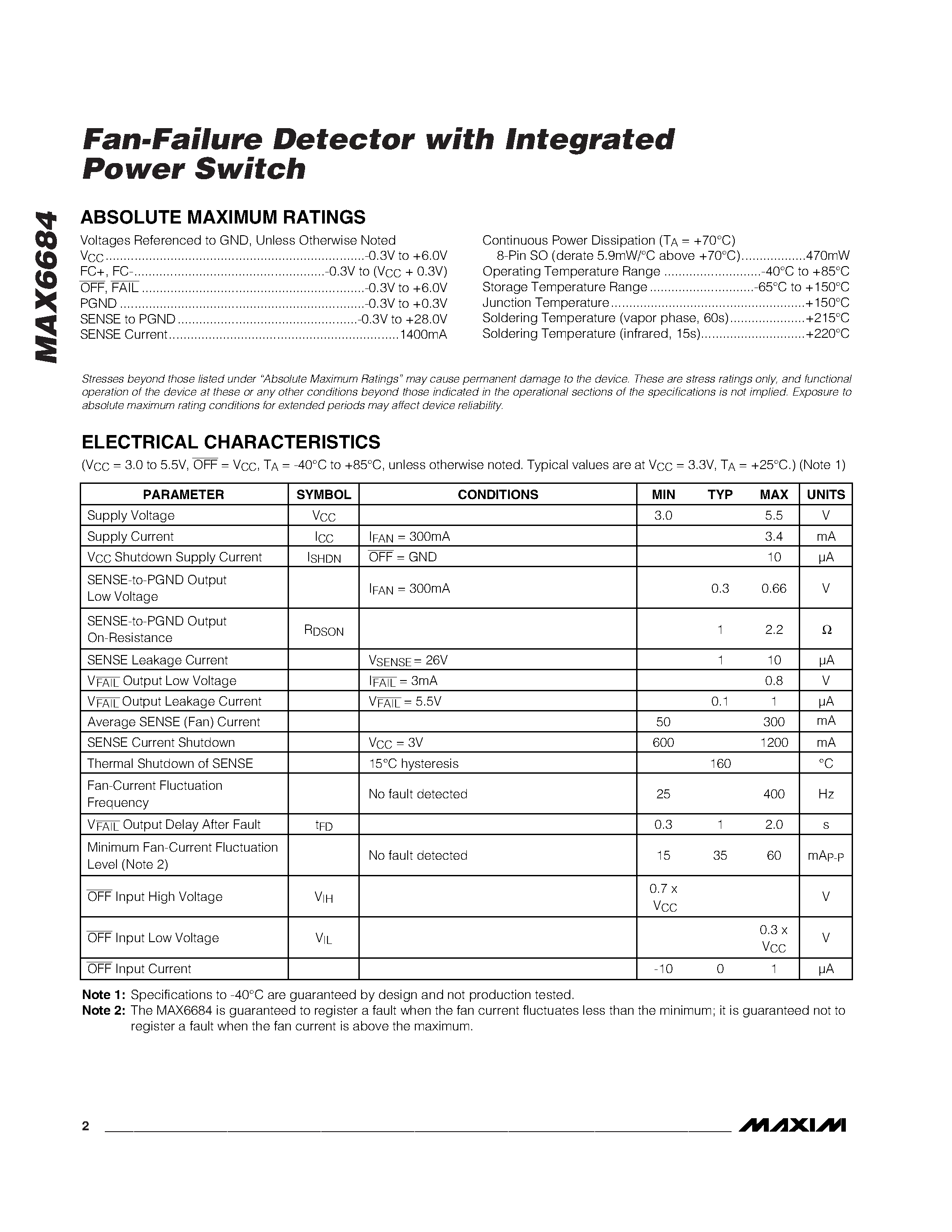 Datasheet MAX6684ESA page 2 Datasheet MAX6684ESA - Fan-Failure Detector with Integrated Power Switch page 2