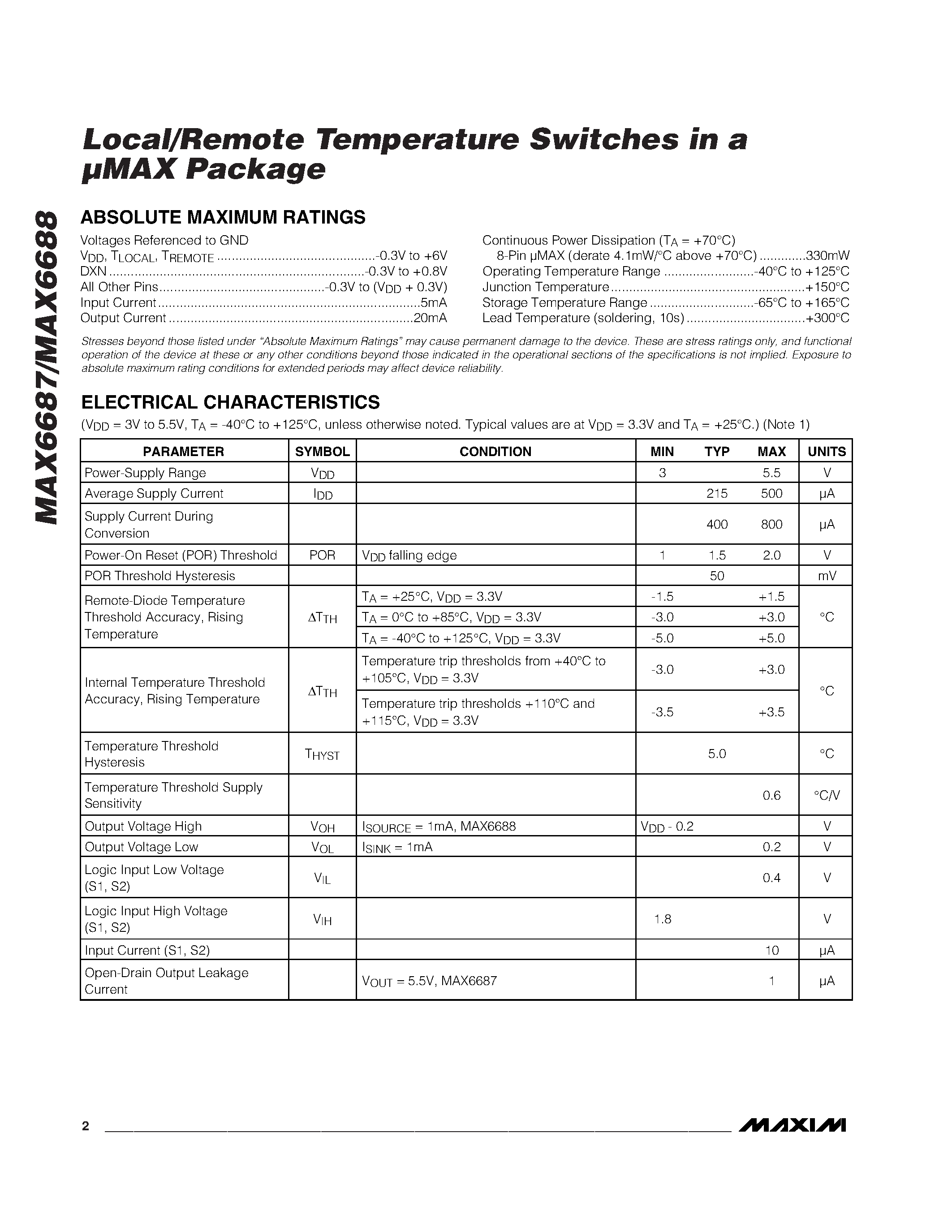 Datasheet MAX6687 - Local/Remote Temperature Switches in a MAX Package page 2