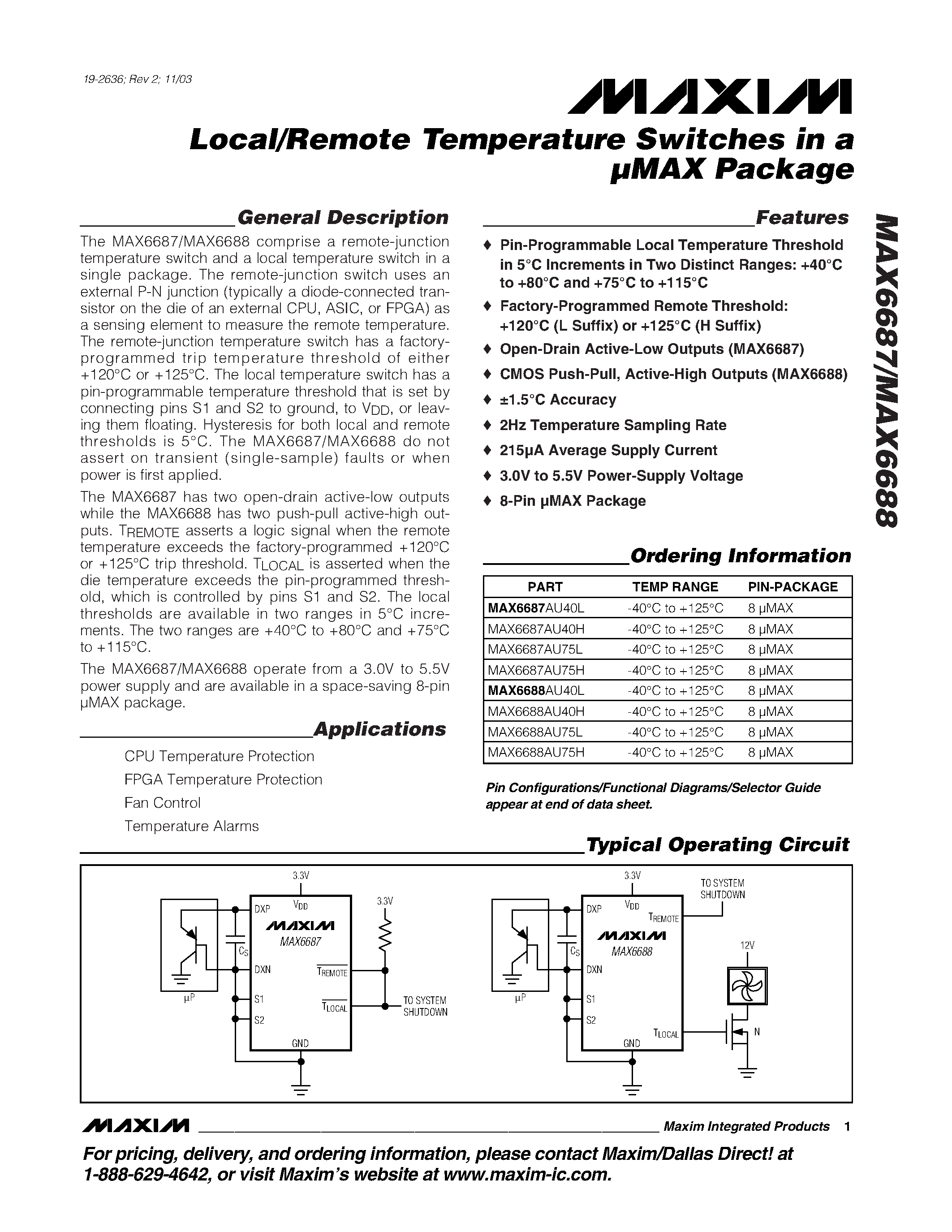 Datasheet MAX6688AU75L - Local/Remote Temperature Switches in a MAX Package page 1