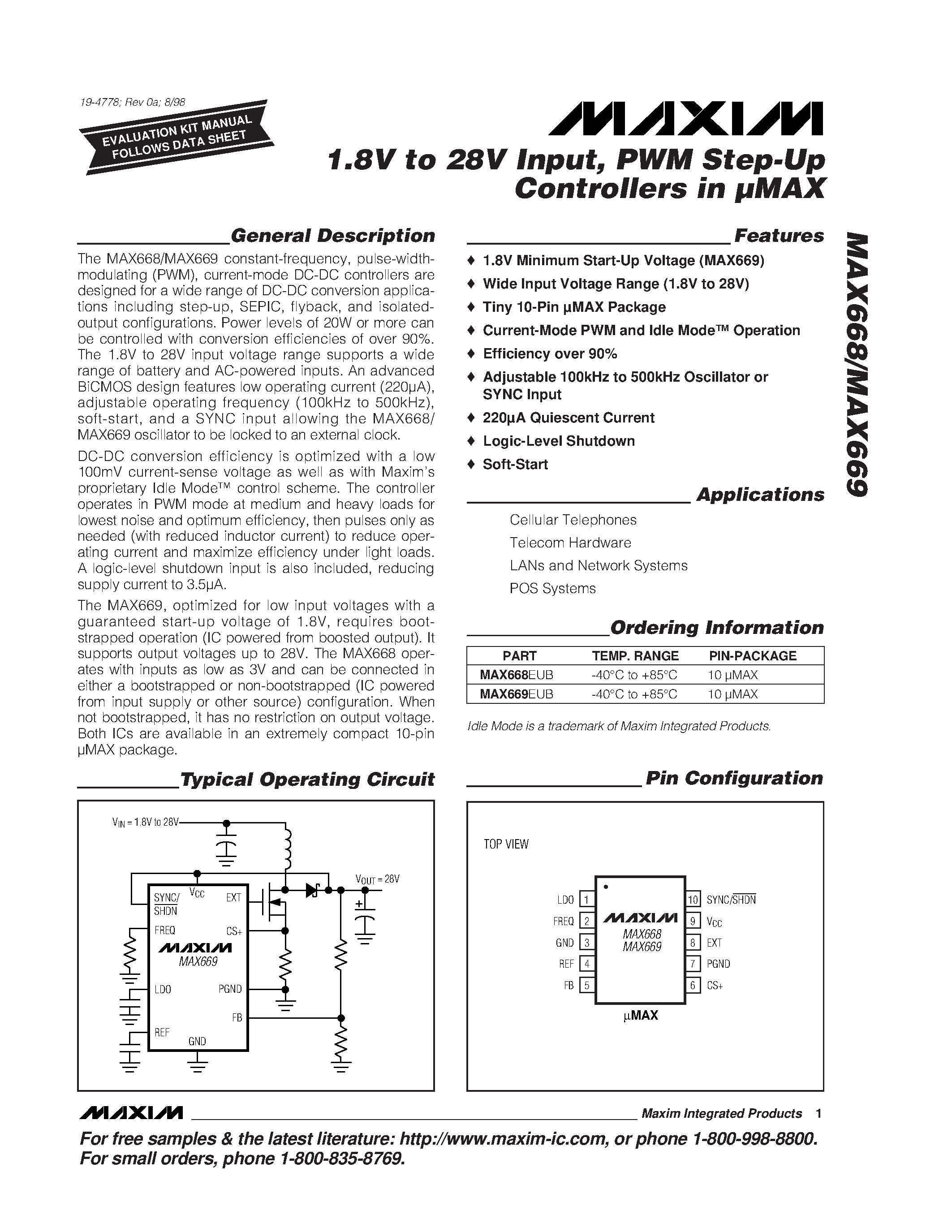 Datasheet MAX668EUB - 1.8V to 28V Input / PWM Step-Up Controllers in MAX page 1