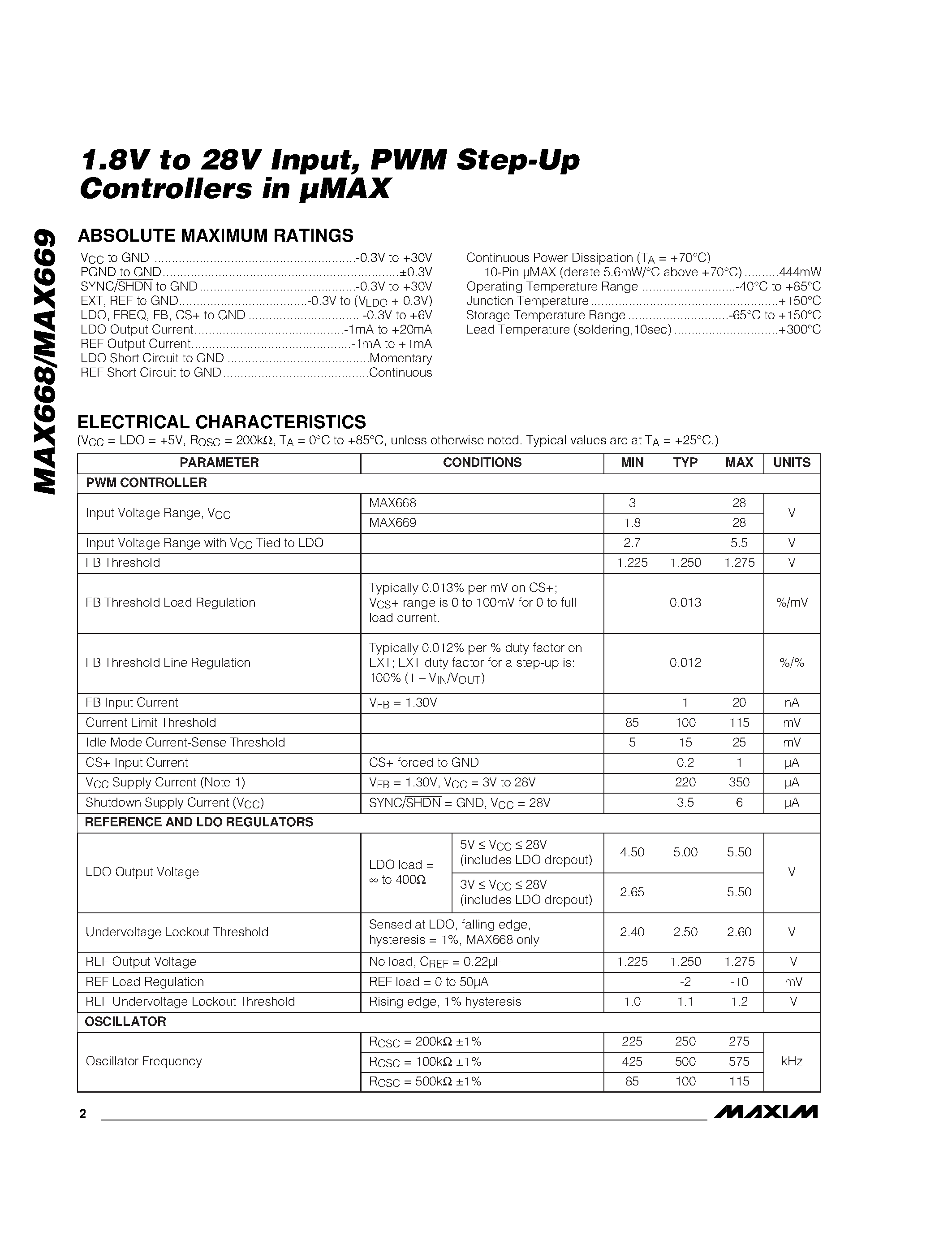Datasheet MAX668EUB - 1.8V to 28V Input / PWM Step-Up Controllers in MAX page 2