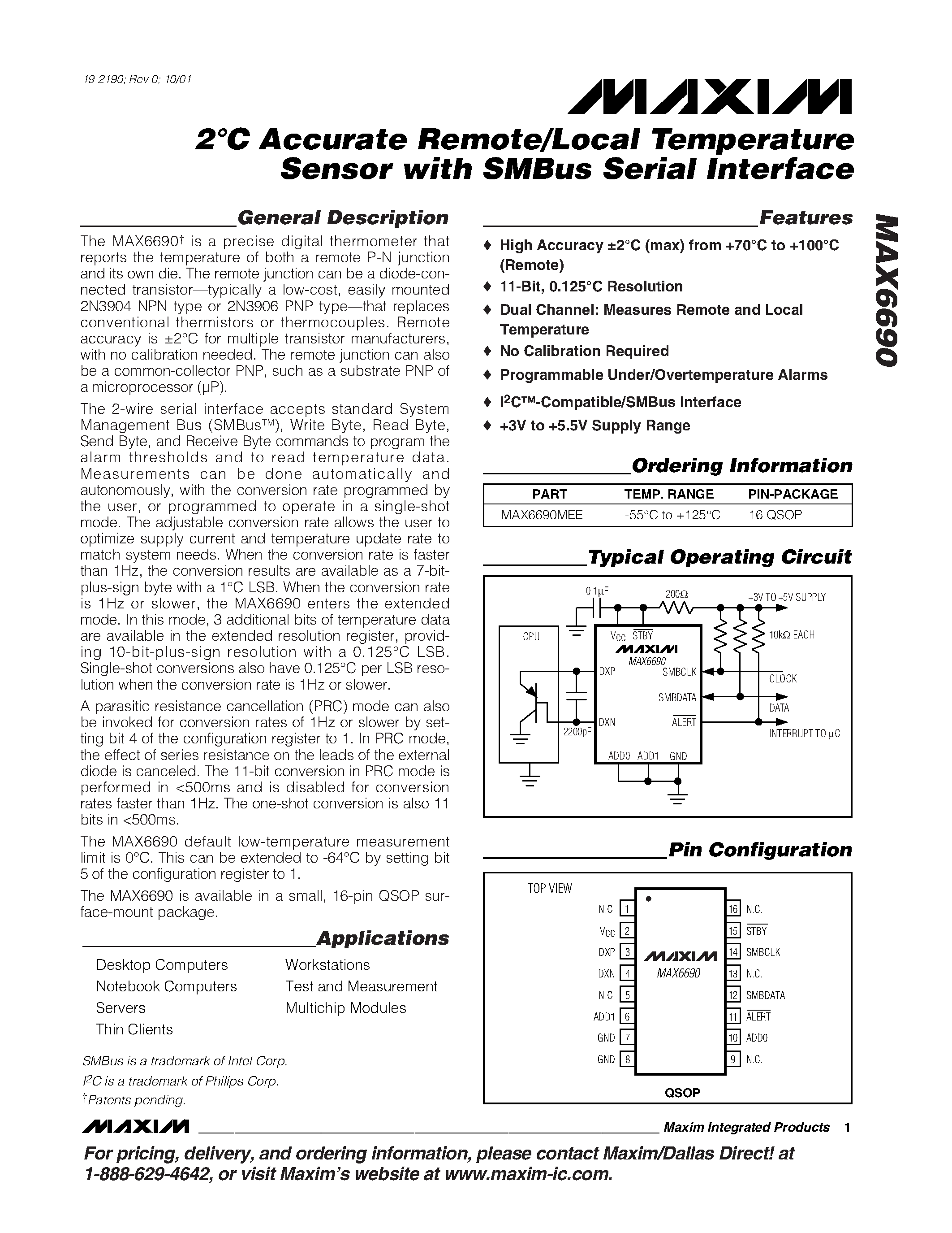Даташит MAX6690 - 2C Accurate Remote/Local Temperature Sensor with SMBus Serial Interface страница 1