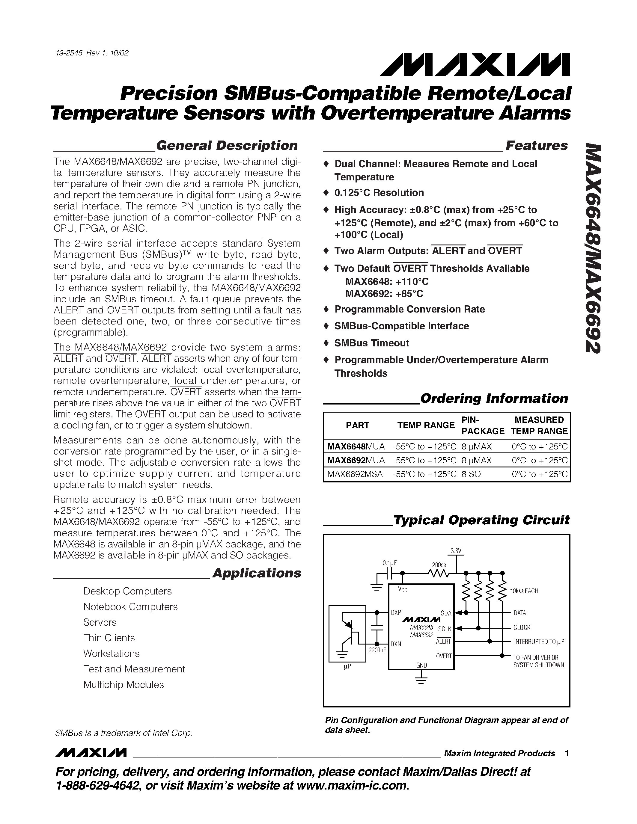 Даташит MAX6692MUA - Precision SMBus-Compatible Remote/Local Temperature Sensors with Overtemperature Alarms страница 1