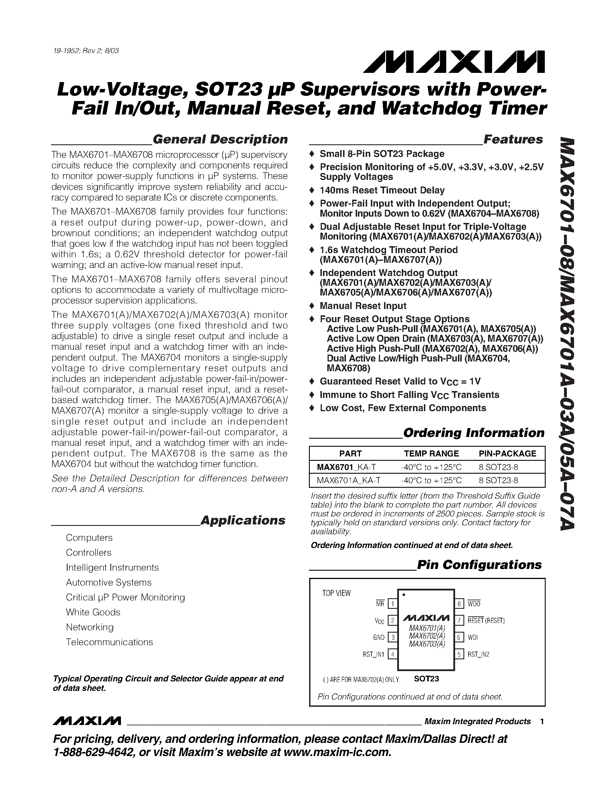 Datasheet MAX6705A_KA-T - Low-Voltage / SOT23 P Supervisors with Power- Fail In/Out / Manual Reset / and Watchdog Timer page 1