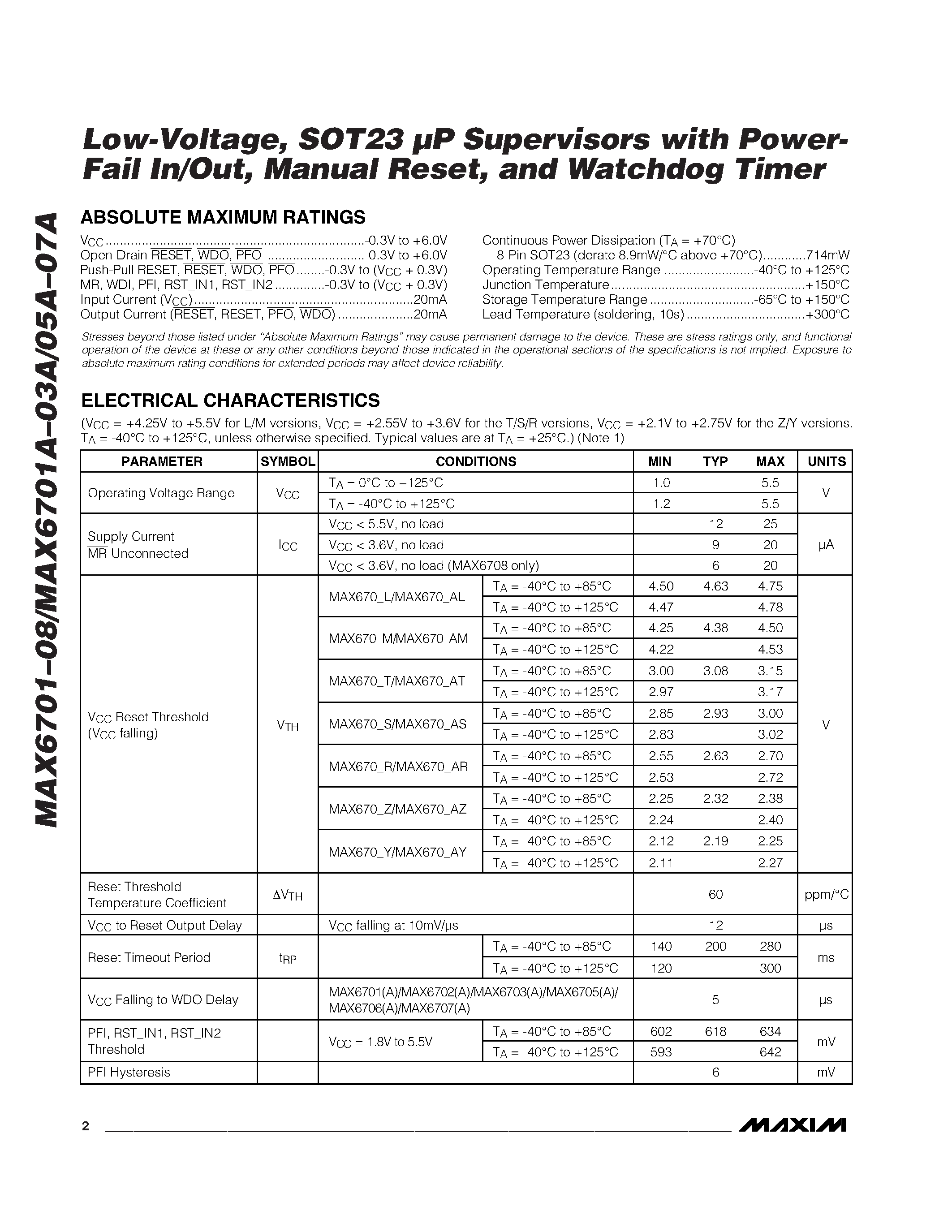 Datasheet MAX6706_KA-T - Low-Voltage / SOT23 P Supervisors with Power- Fail In/Out / Manual Reset / and Watchdog Timer page 2