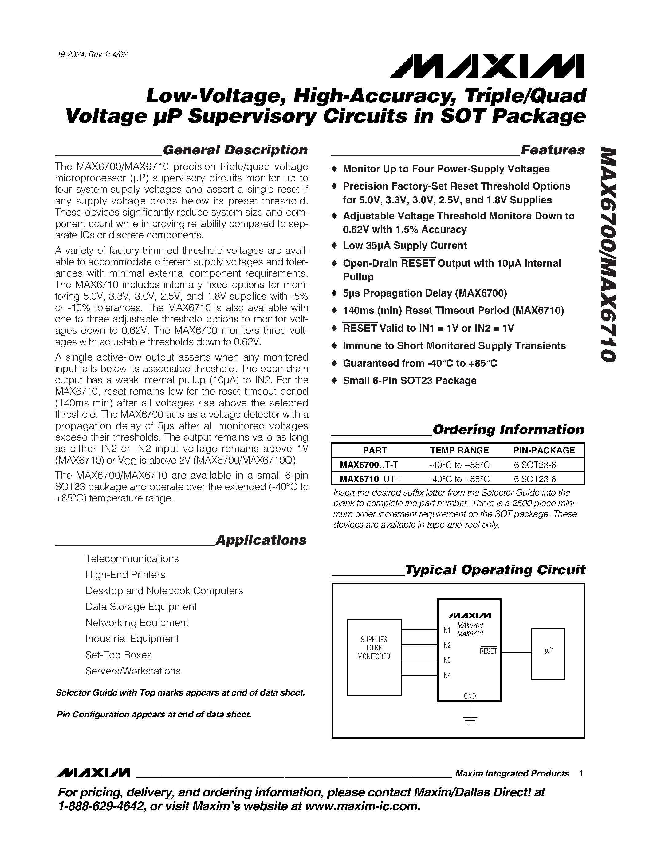 Даташит MAX6710_UT-T - Low-Voltage / High-Accuracy / Triple/Quad Voltage P Supervisory Circuits in SOT Package страница 1