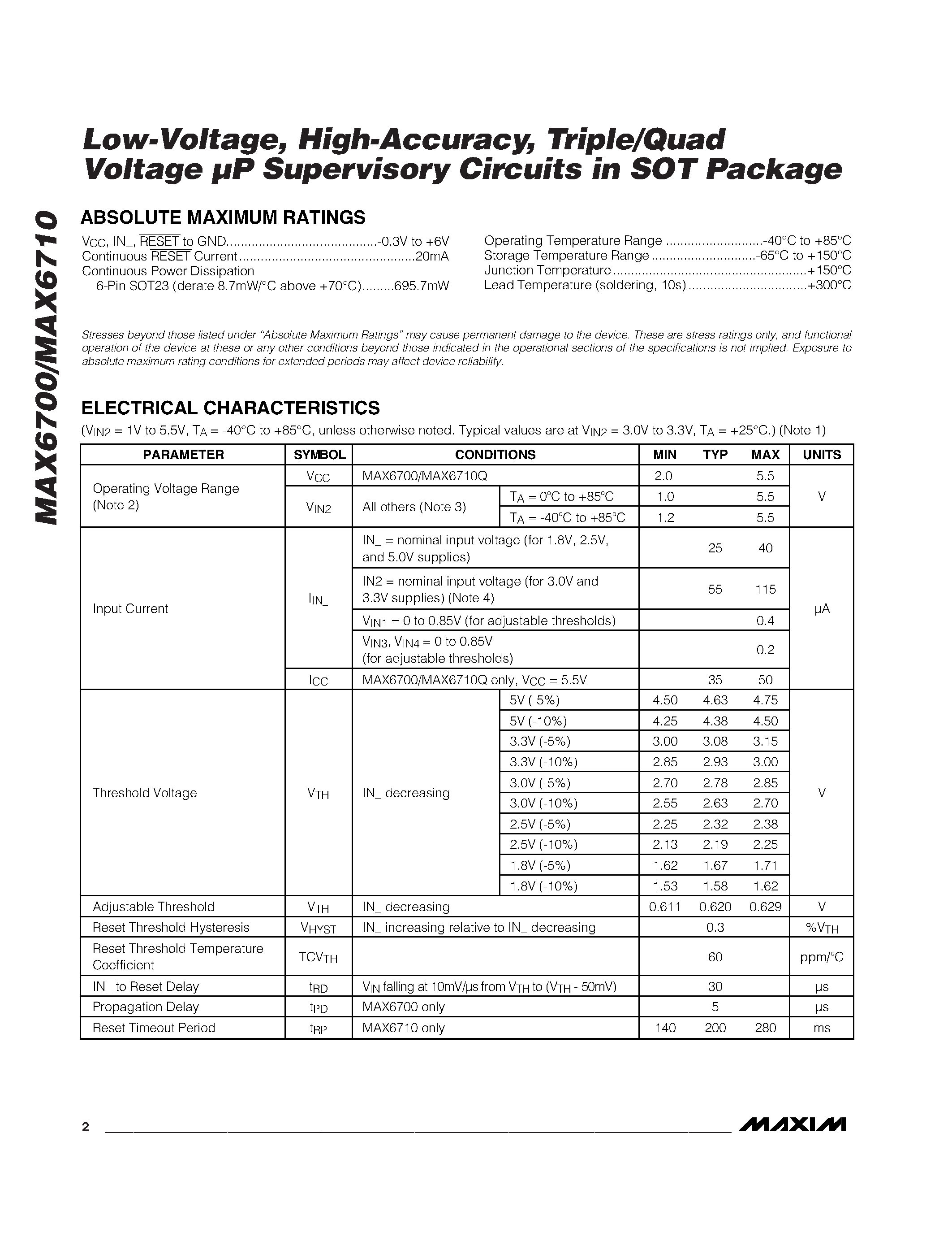 Даташит MAX6710_UT-T - Low-Voltage / High-Accuracy / Triple/Quad Voltage P Supervisory Circuits in SOT Package страница 2