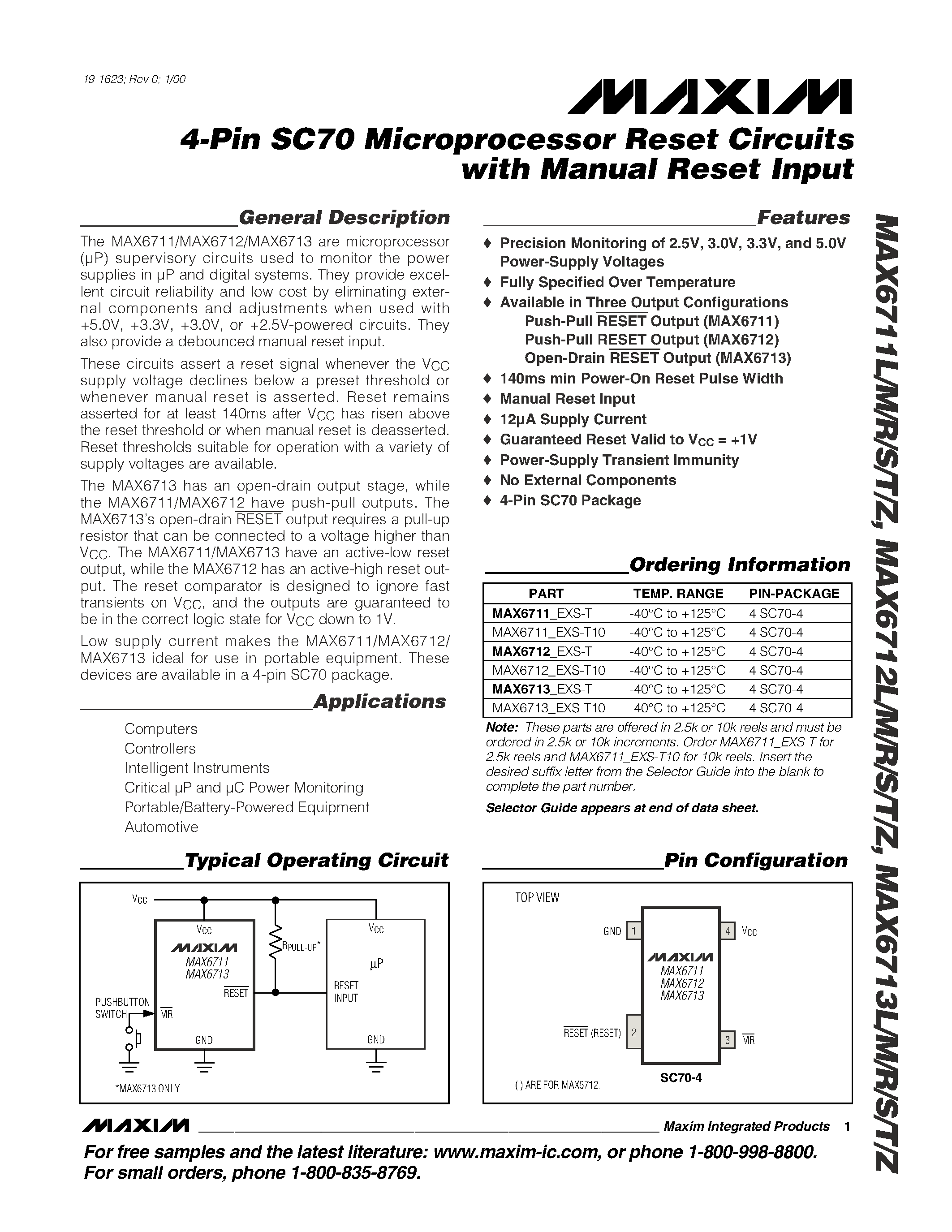 Datasheet MAX6711_EXS-T10 - 4-Pin SC70 Microprocessor Reset Circuits with Manual Reset Input page 1