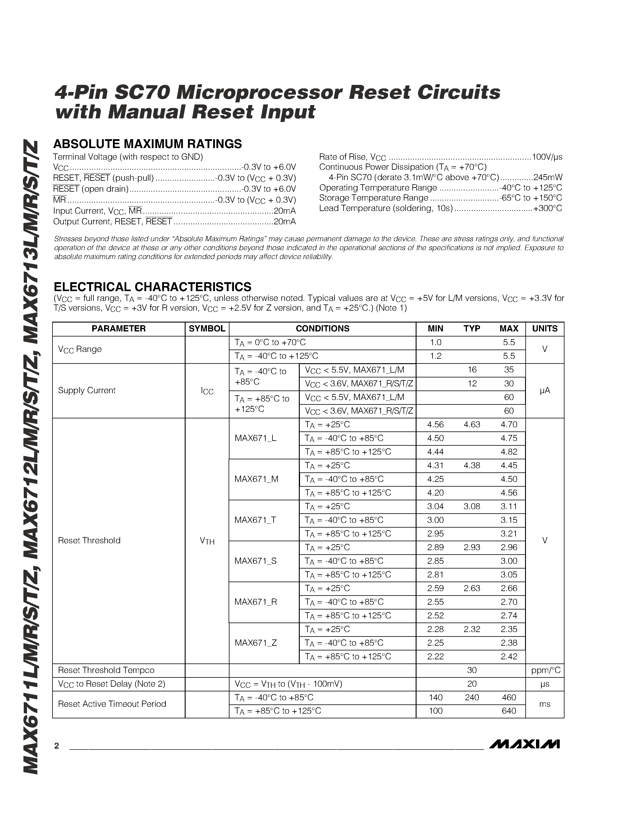 Datasheet MAX6713 - 4-Pin SC70 Microprocessor Reset Circuits with Manual Reset Input page 2