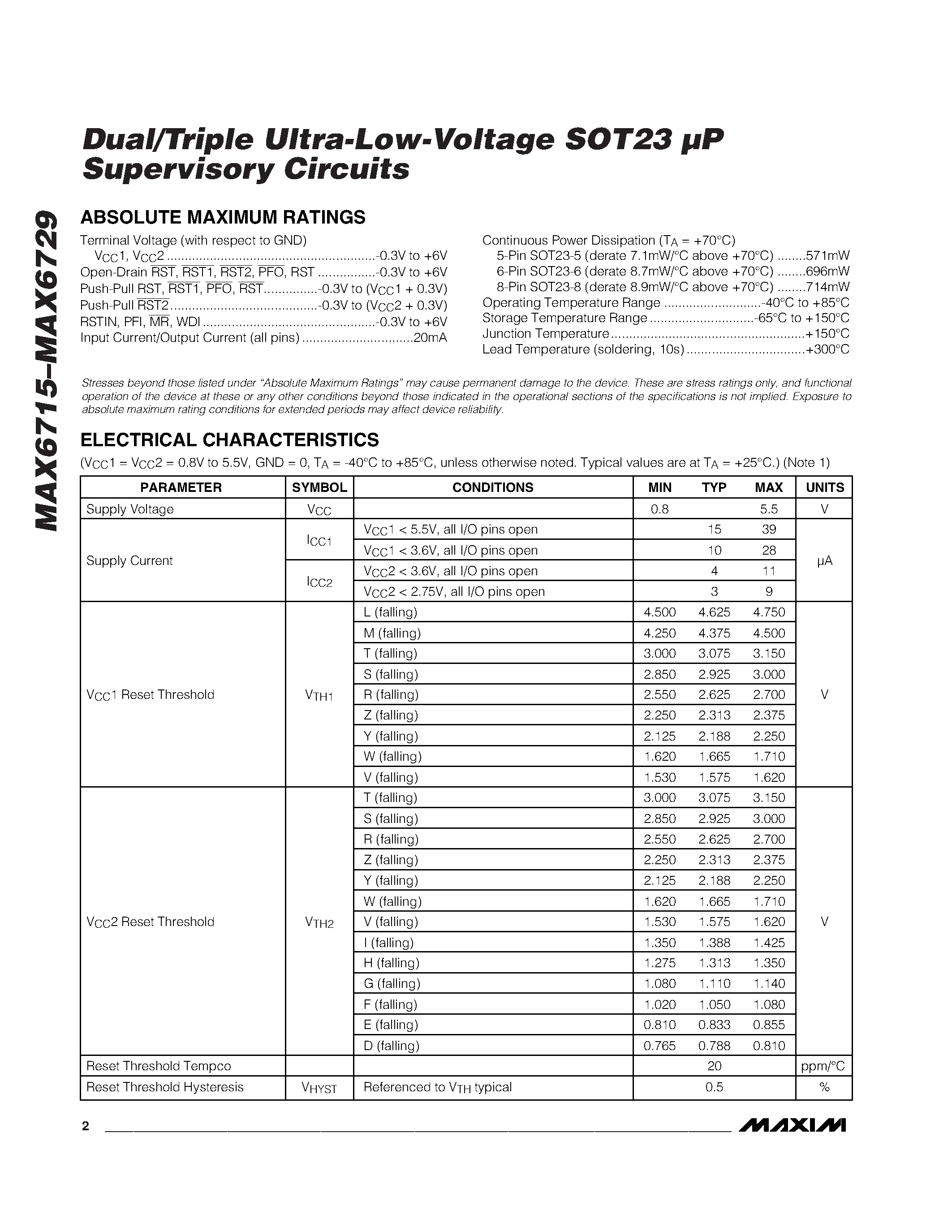 Даташит MAX6722 - Dual/Triple Ultra-Low-Voltage SOT23 P Supervisory Circuits страница 2