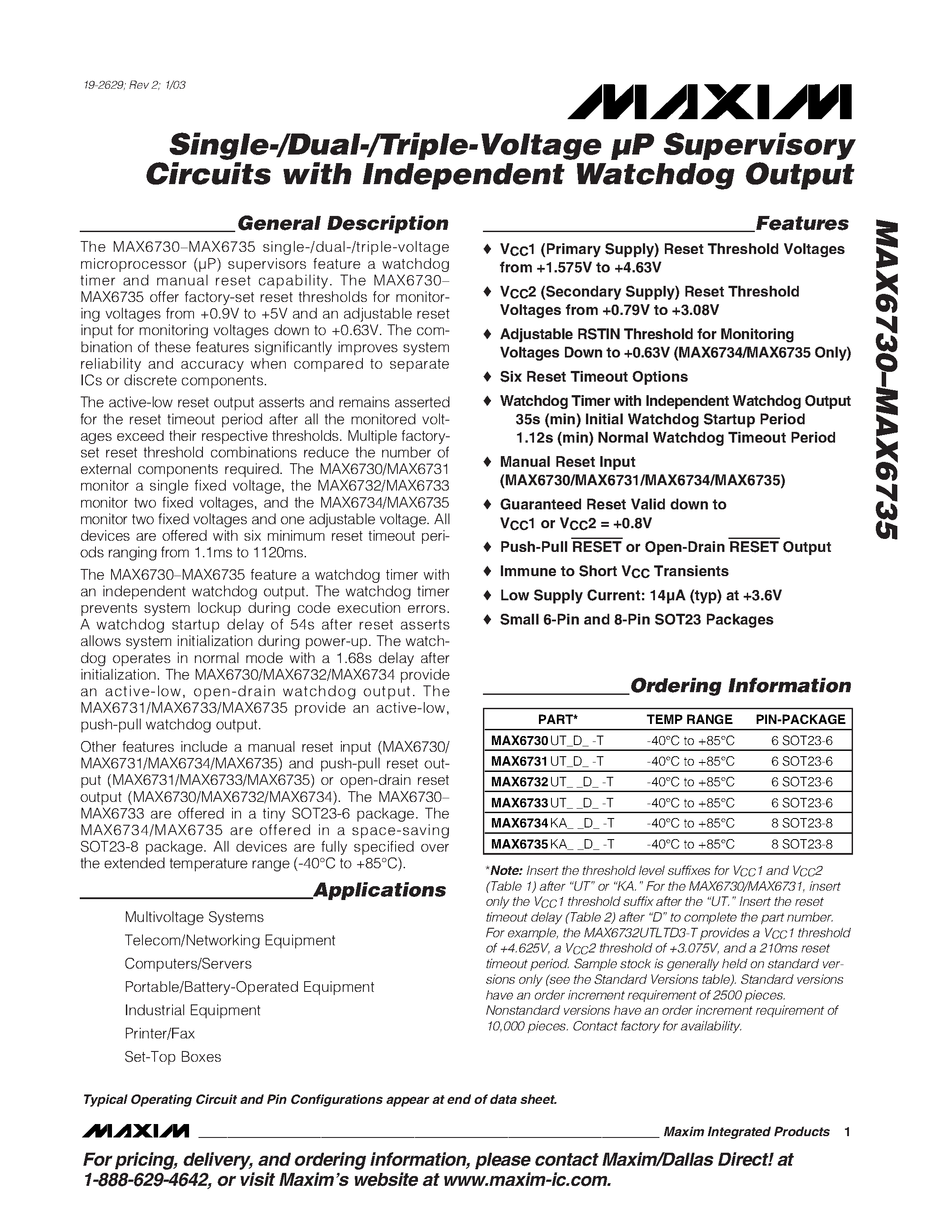 Даташит MAX6731 - Single-/Dual-/Triple-Voltage P Supervisory Circuits with Independent Watchdog Output страница 1