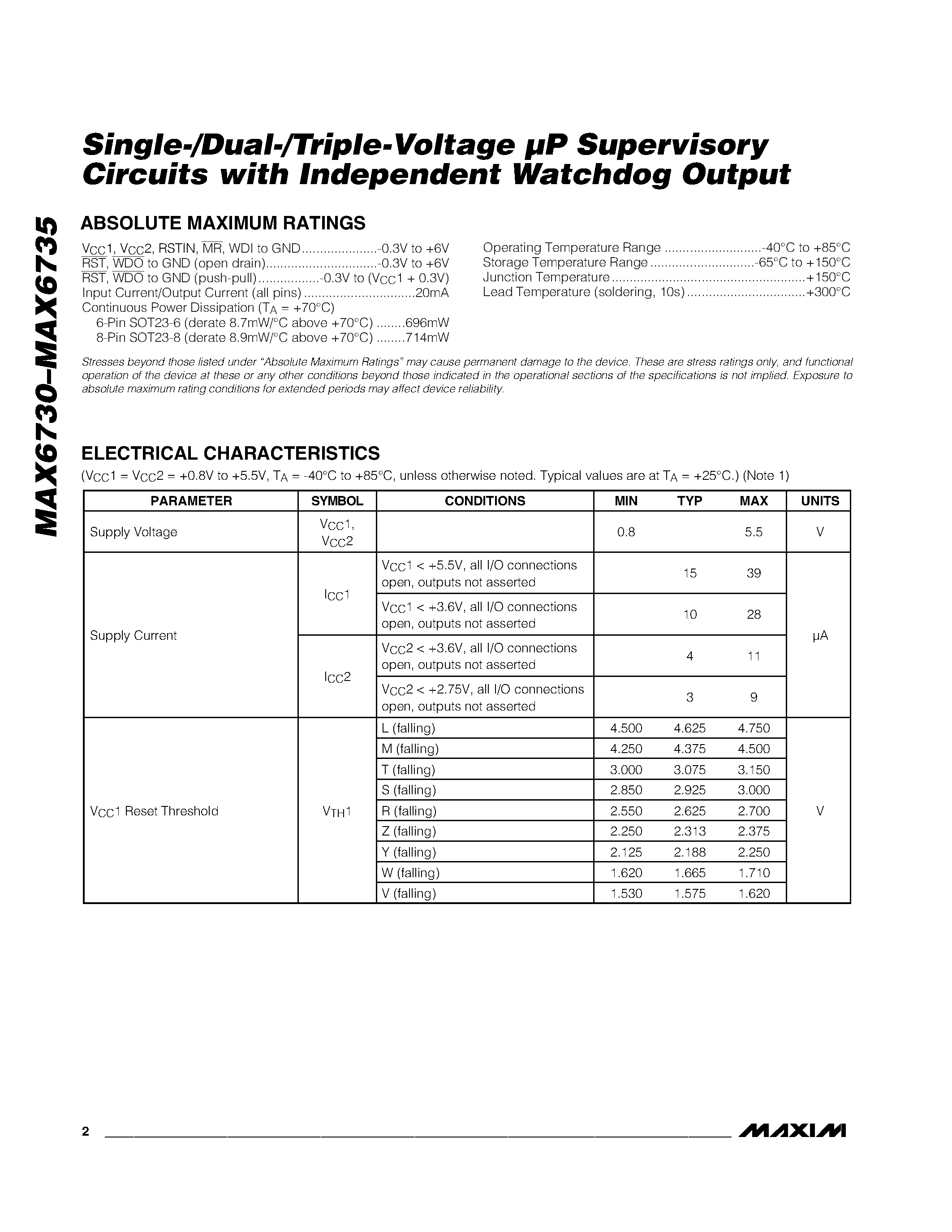 Даташит MAX6732 - Single-/Dual-/Triple-Voltage P Supervisory Circuits with Independent Watchdog Output страница 2