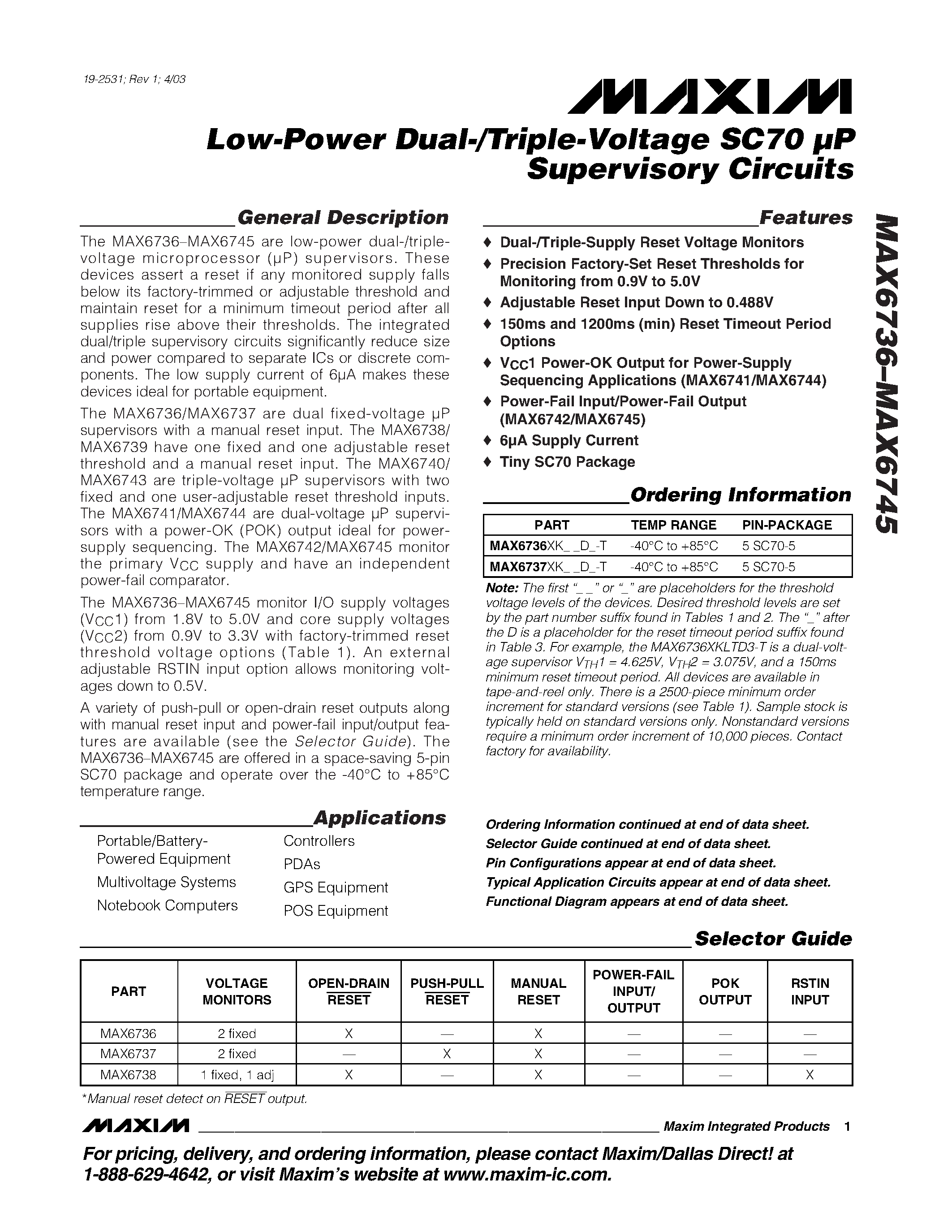 Datasheet MAX6742XK_D_-T - Low-Power Dual-/Triple-Voltage SC70 UP Supervisory Circuits page 1