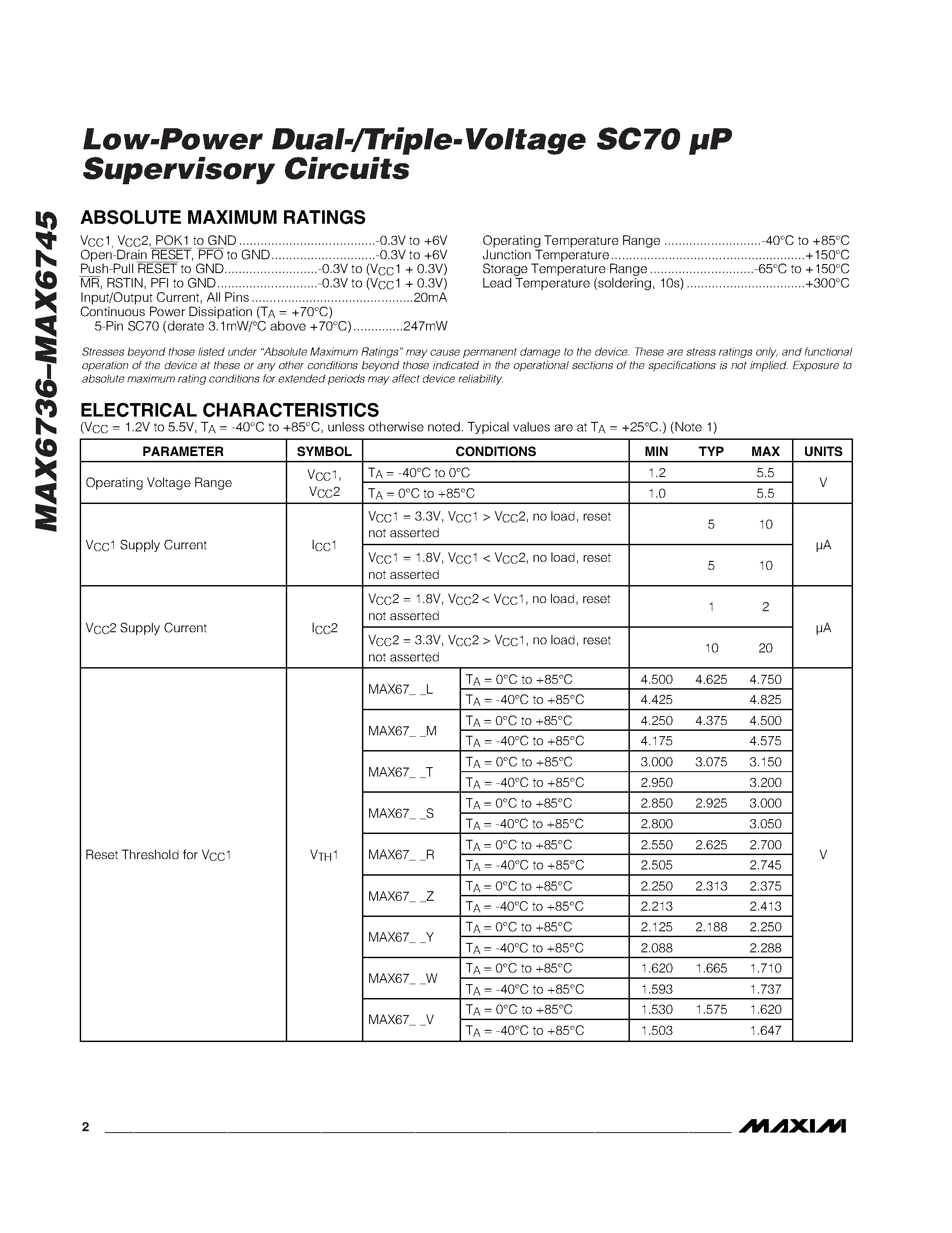 Datasheet MAX6745XK_D_-T - Low-Power Dual-/Triple-Voltage SC70 UP Supervisory Circuits page 2