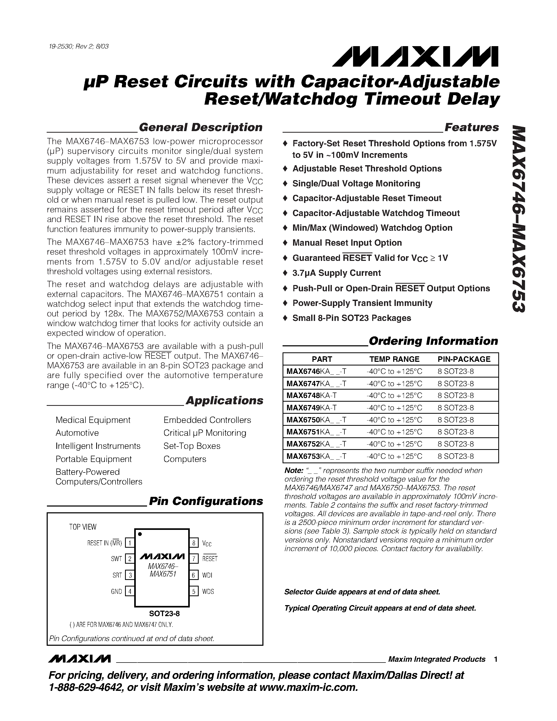 Datasheet MAX6746 - UP Reset Circuits with Capacitor-Adjustable Reset/Watchdog Timeout Delay page 1