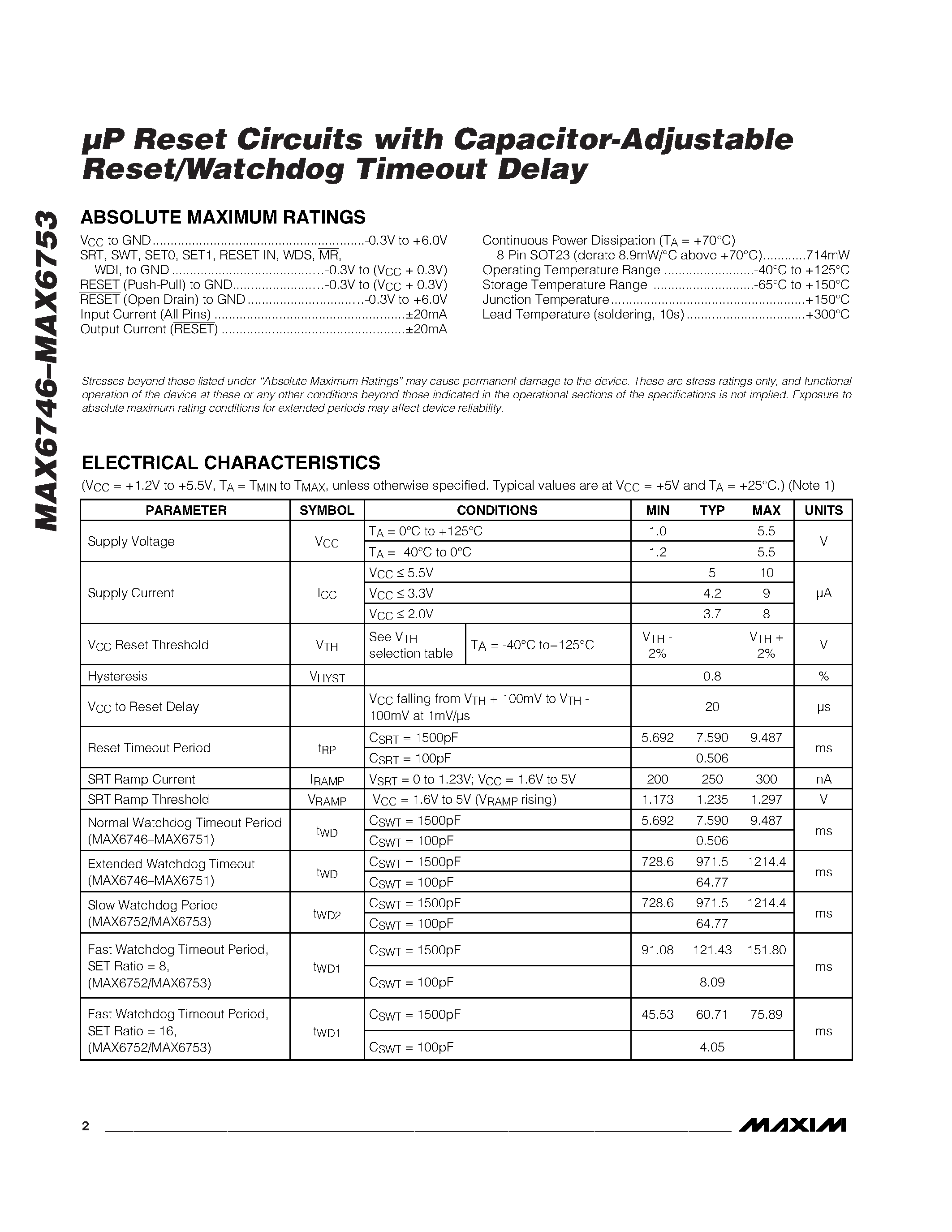 Datasheet MAX6748KA-T - UP Reset Circuits with Capacitor-Adjustable Reset/Watchdog Timeout Delay page 2
