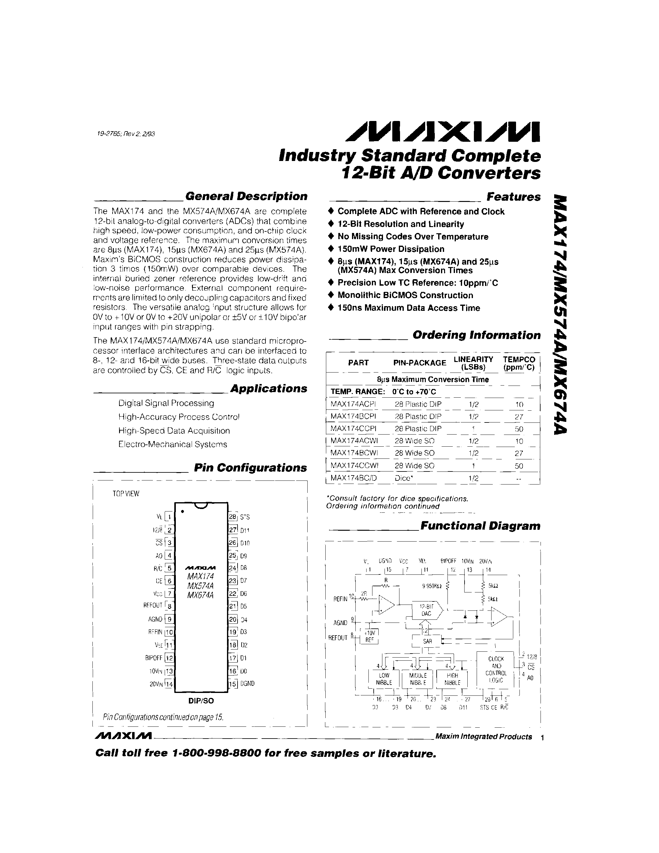 Даташит MAX674AJCWI - Industry Standard Complete 12-Bit A/D Converters страница 1