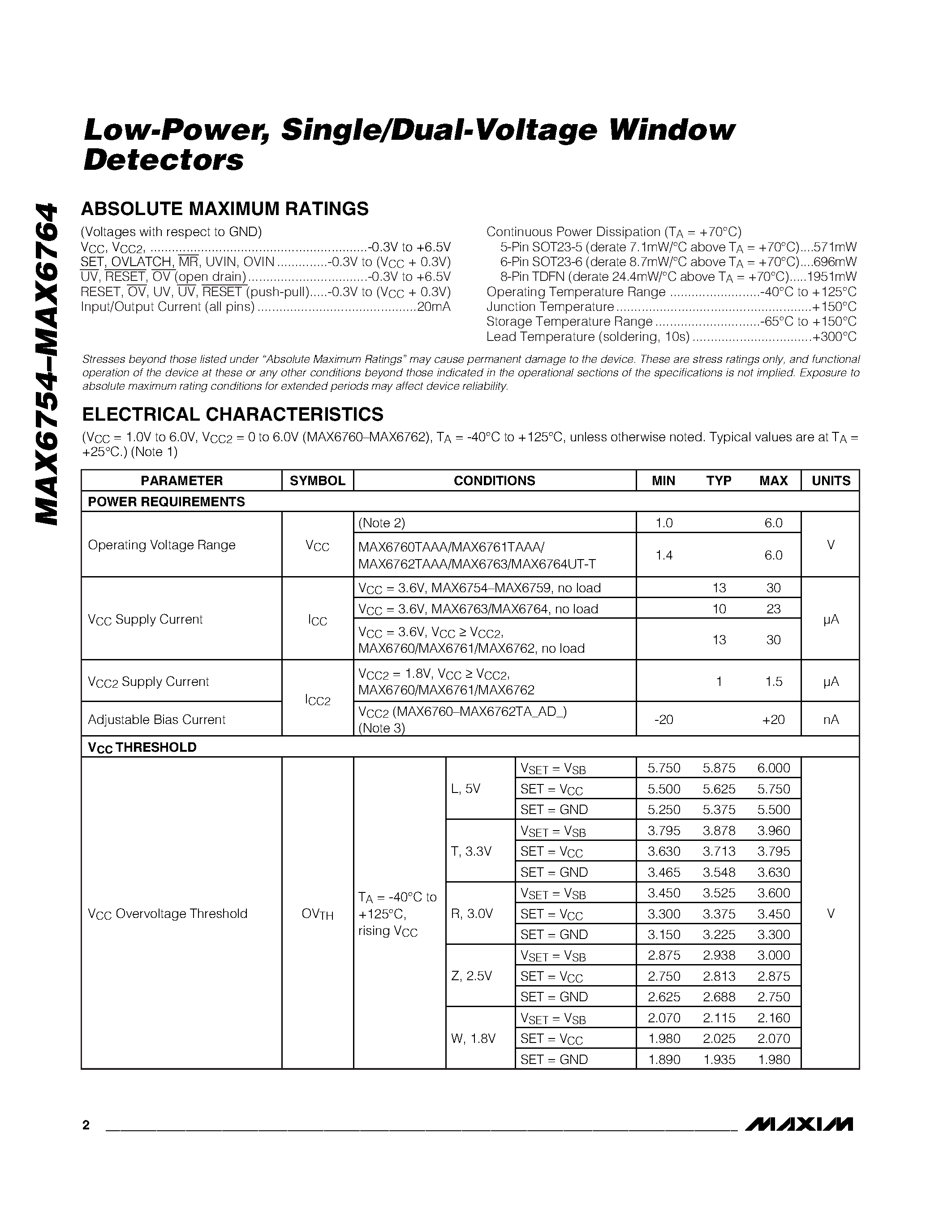 Datasheet MAX6757UT_D_-T page 2 Datasheet MAX6757UT_D_-T - Low-Power / Single/Dual-Voltage Window Detectors page 2