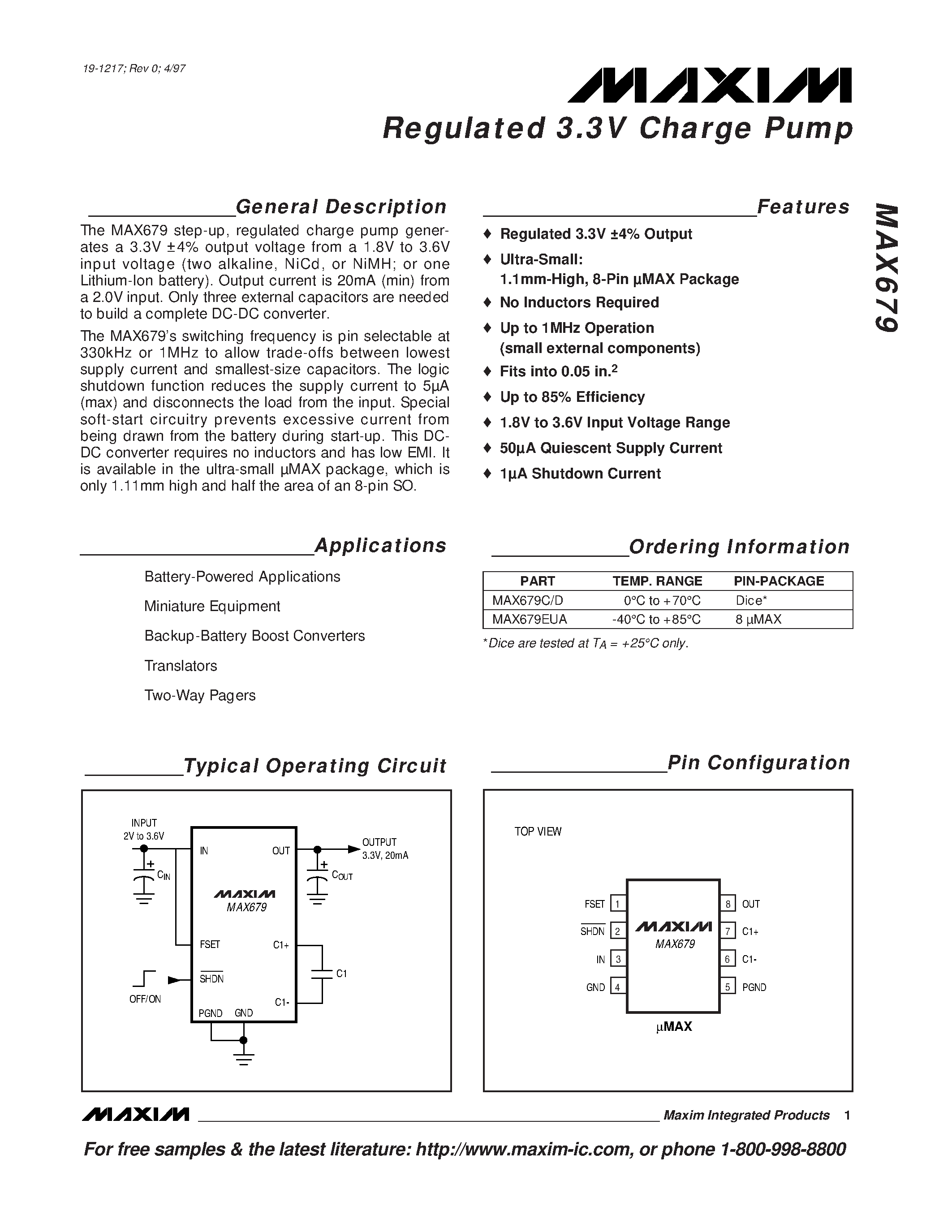 Datasheet MAX679 - Regulated 3.3V Charge Pump page 1