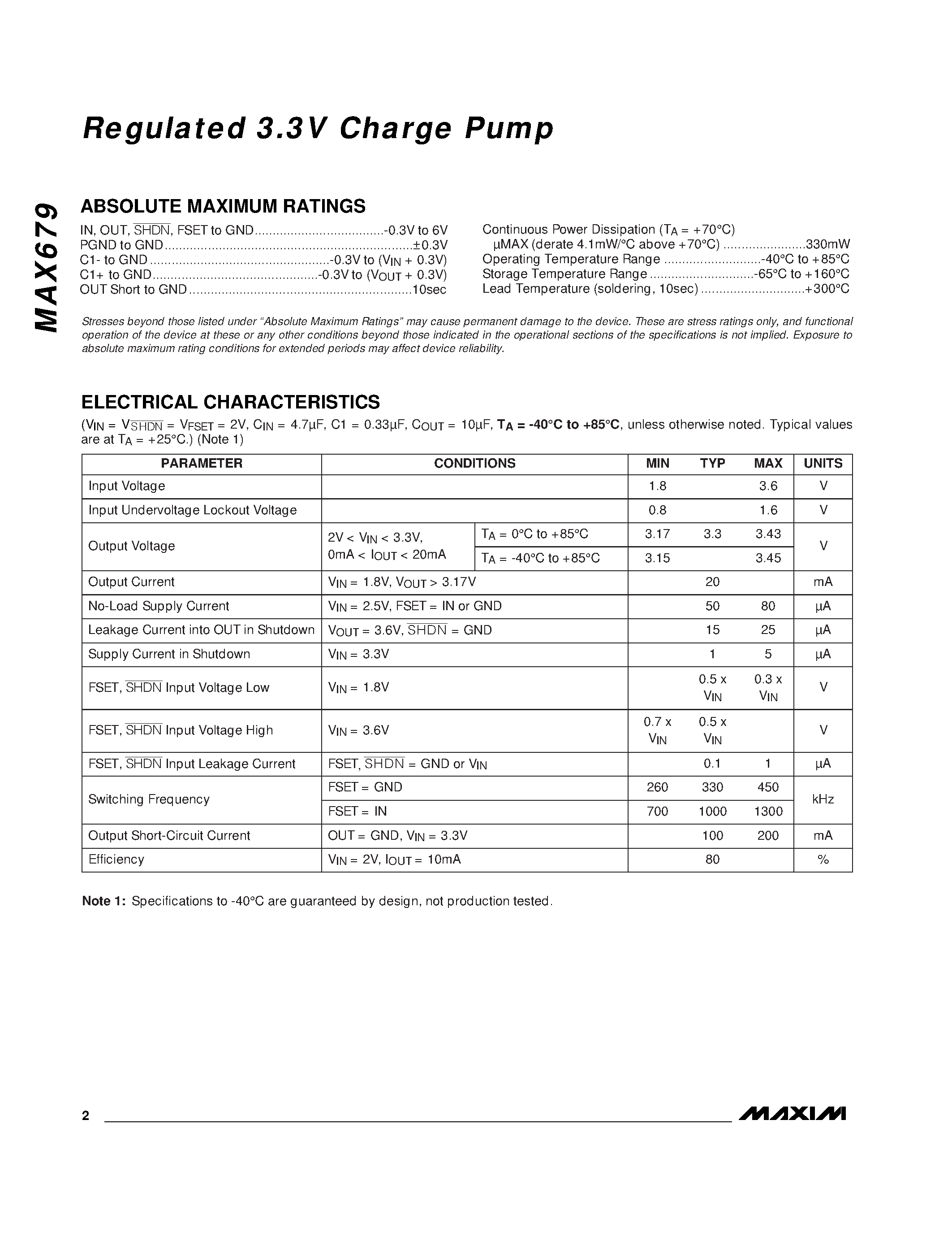 Datasheet MAX679EUA - Regulated 3.3V Charge Pump page 2