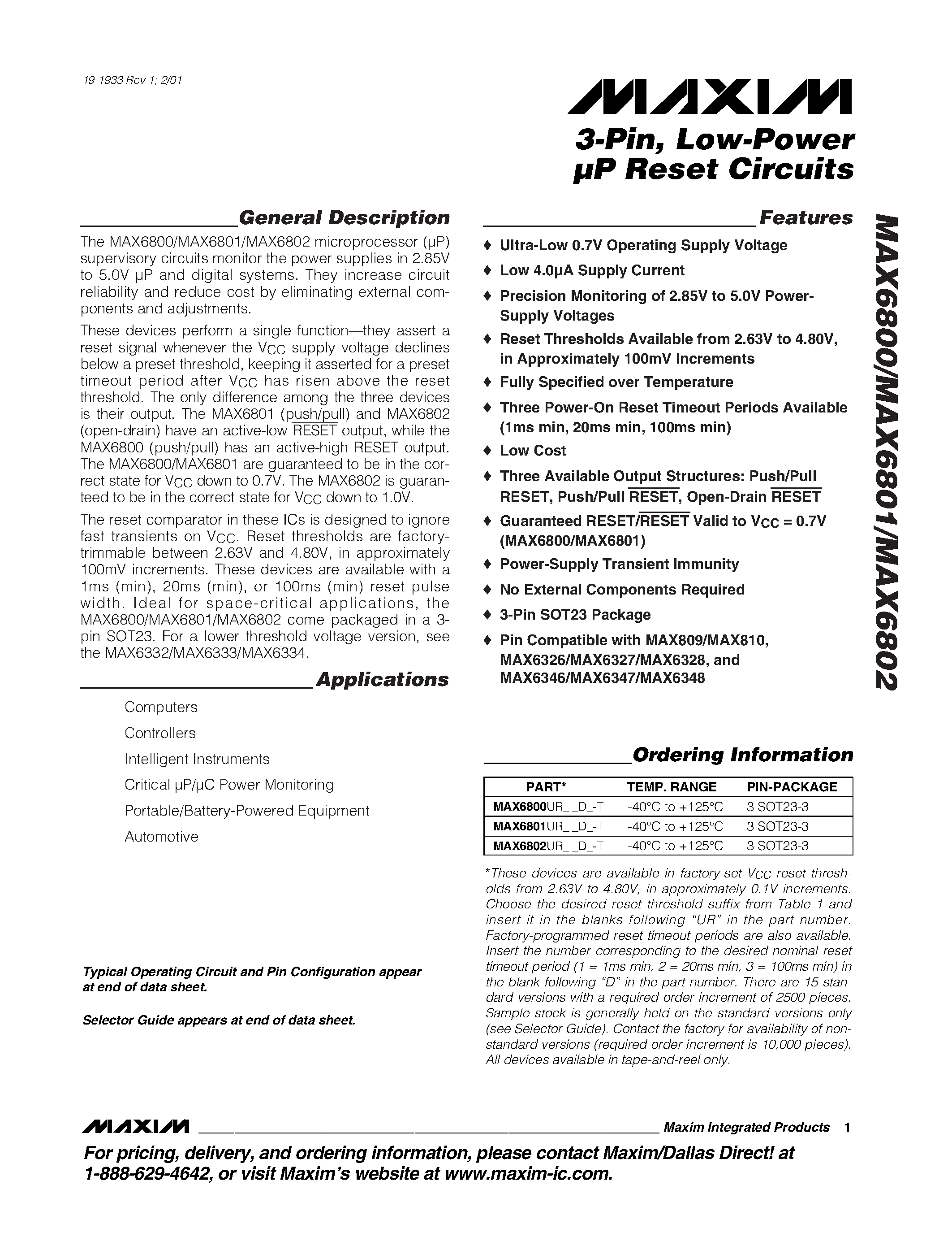 Даташит MAX6800 - 3-Pin / Low-Power P Reset Circuits страница 1