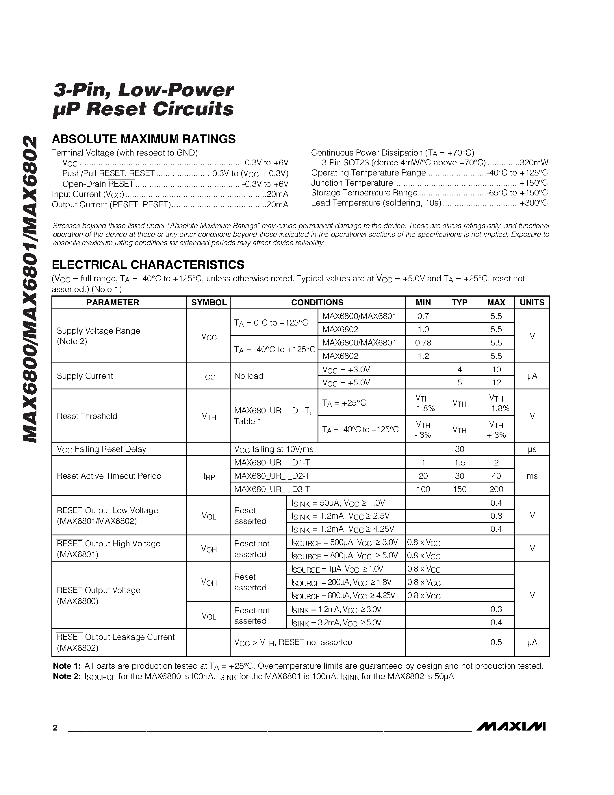 Даташит MAX6800 - 3-Pin / Low-Power P Reset Circuits страница 2