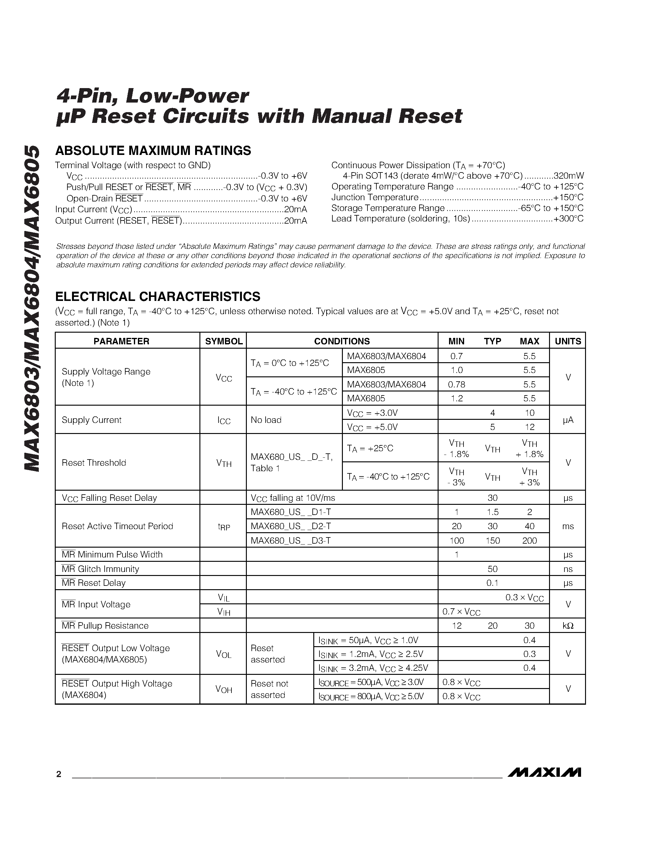 Даташит MAX6804US__D_-T - 4-Pin / Low-Power P Reset Circuits with Manual Reset страница 2