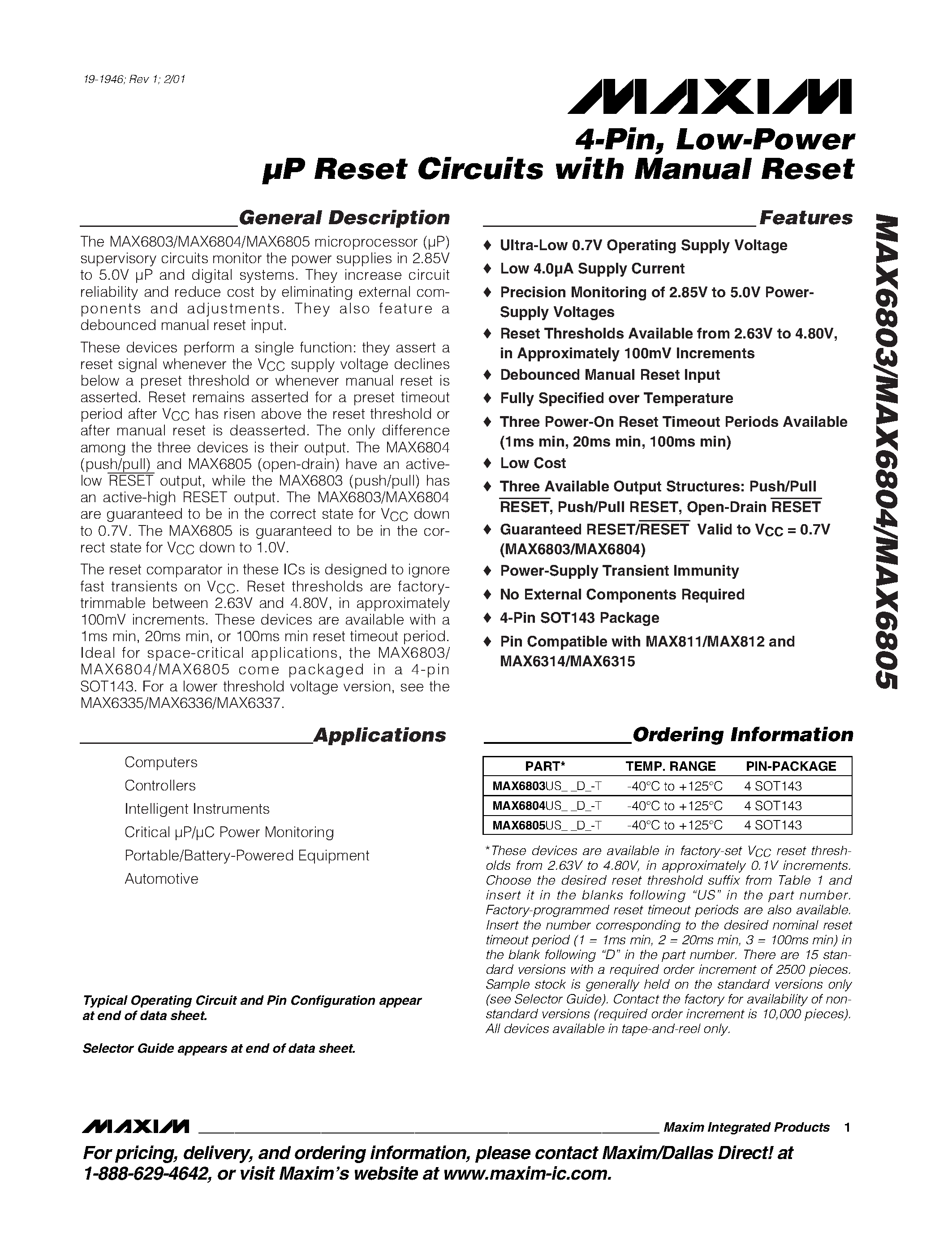 Datasheet MAX6805US__D_-T - 4-Pin / Low-Power P Reset Circuits with Manual Reset page 1