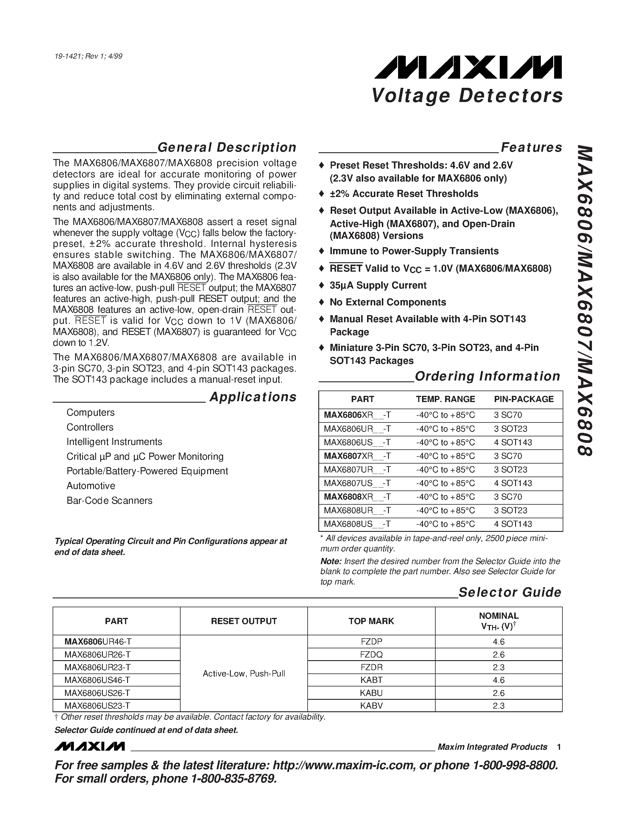 Datasheet MAX6806UR26-T page 1 Datasheet MAX6806UR26-T - Voltage Detectors page 1