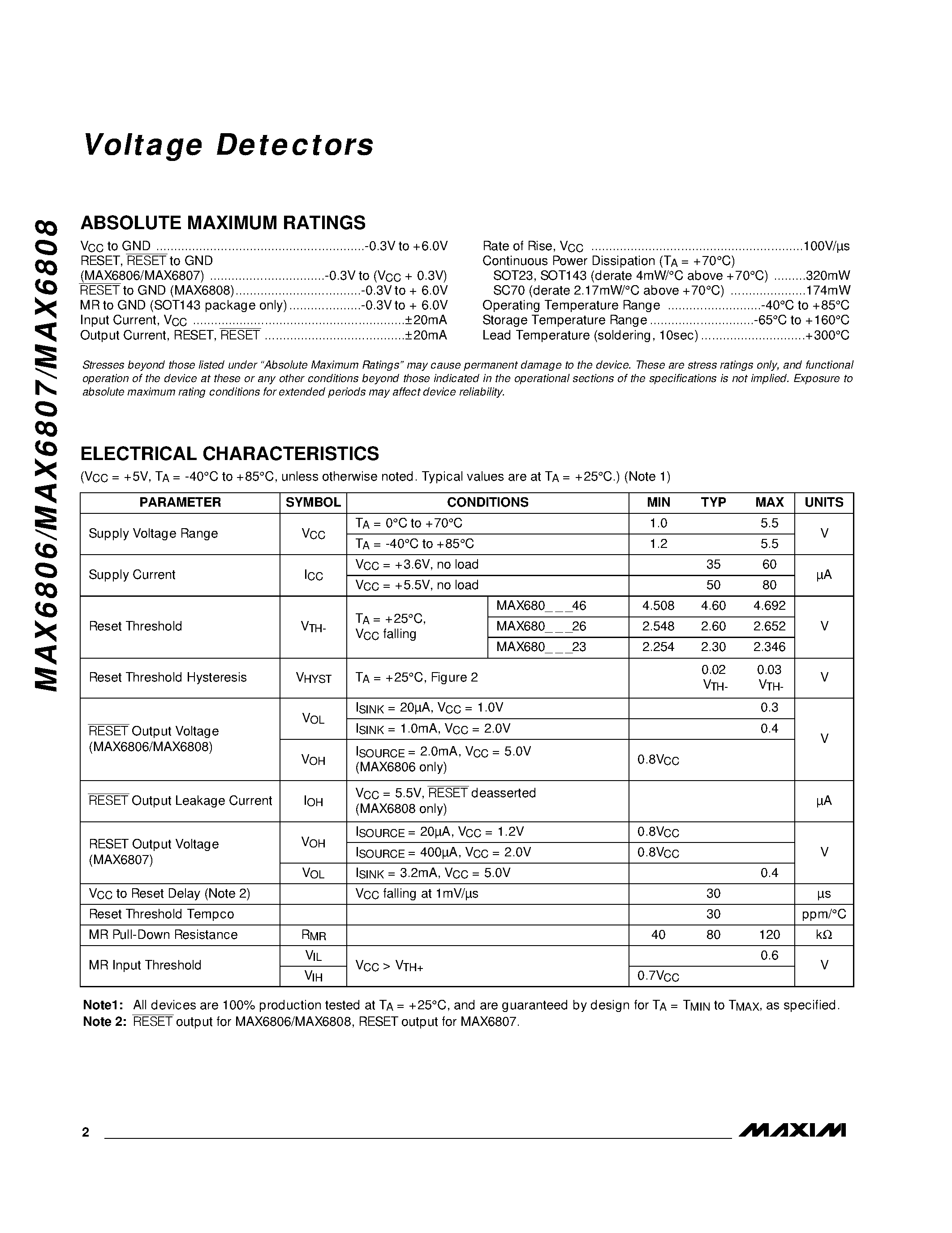 Datasheet MAX6806UR26-T page 2 Datasheet MAX6806UR26-T - Voltage Detectors page 2