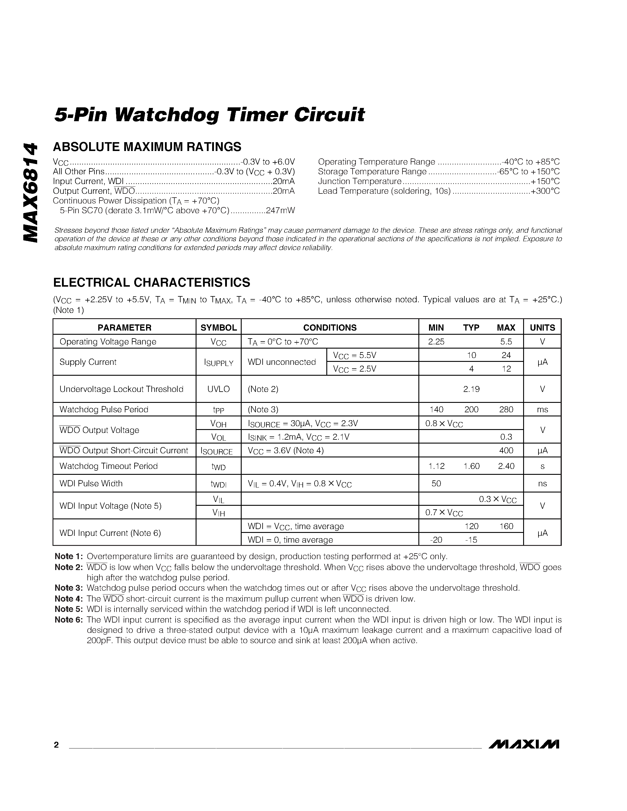 Даташит на микросхему MAX6814XK-T страница 2 Даташит MAX6814XK-T - 5-Pin Watchdog Timer Circuit страница 2
