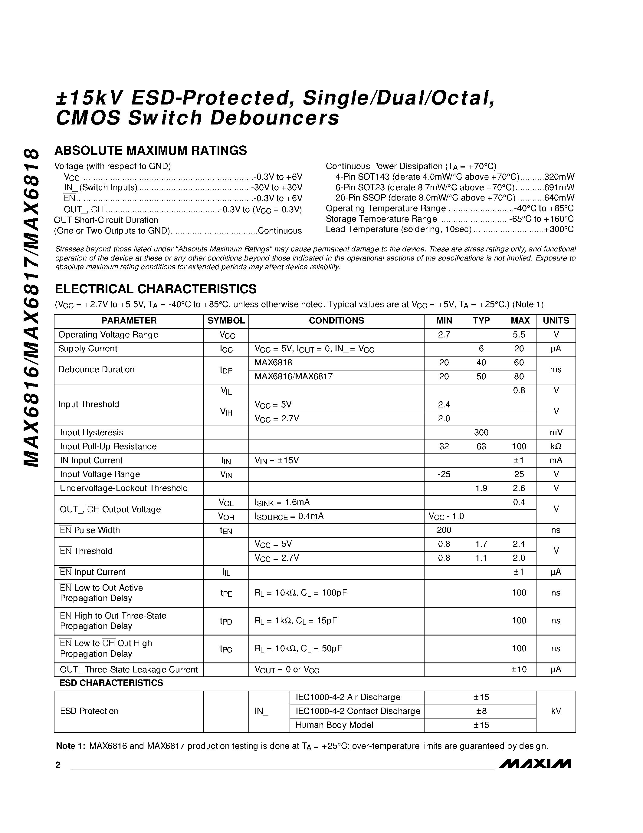 Datasheet MAX6817EUT-T - 15kV ESD-Protected / Single/Dual/Octal / CMOS Switch Debouncers page 2