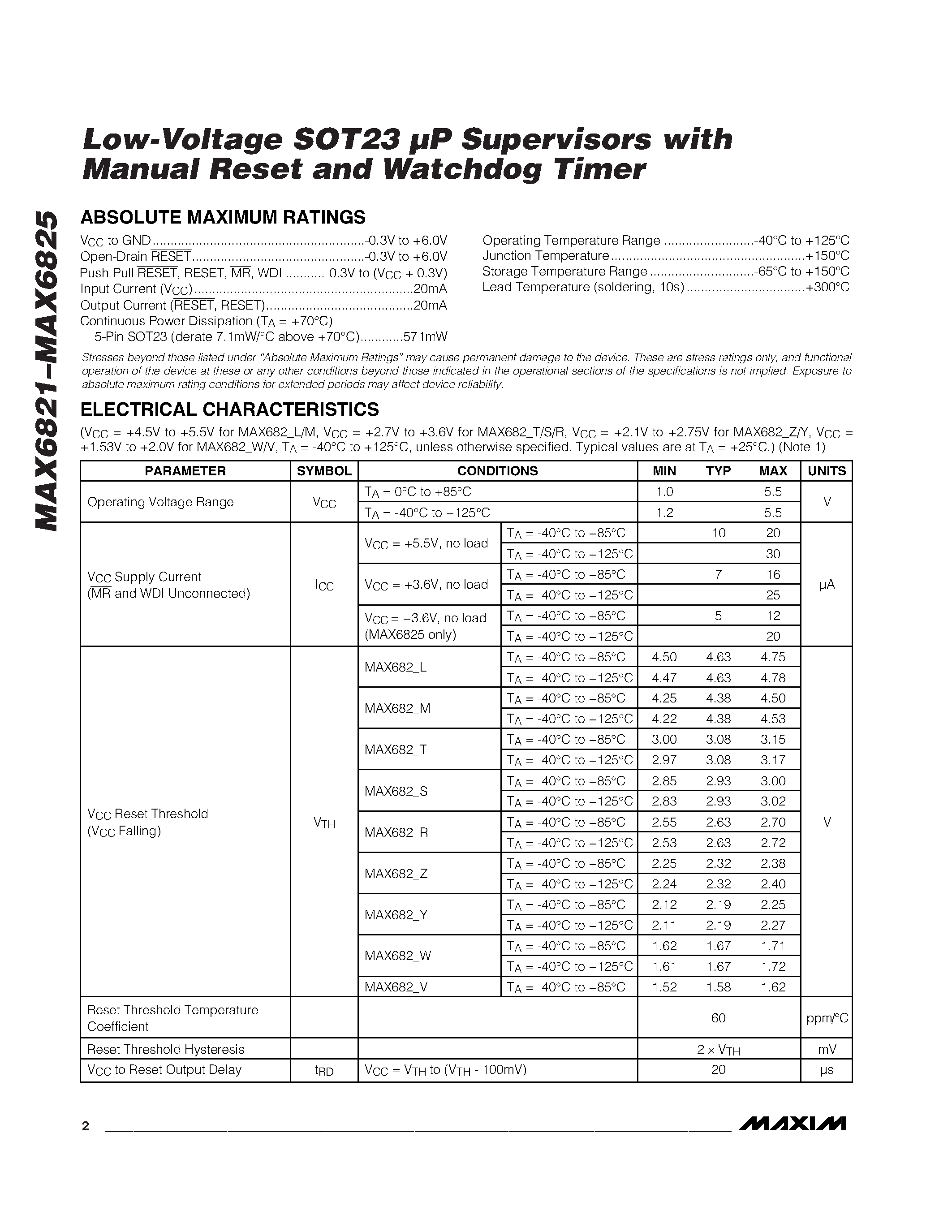 Даташит MAX6822 - Low-Voltage SOT23 P Supervisors with Manual Reset and Watchdog Timer страница 2