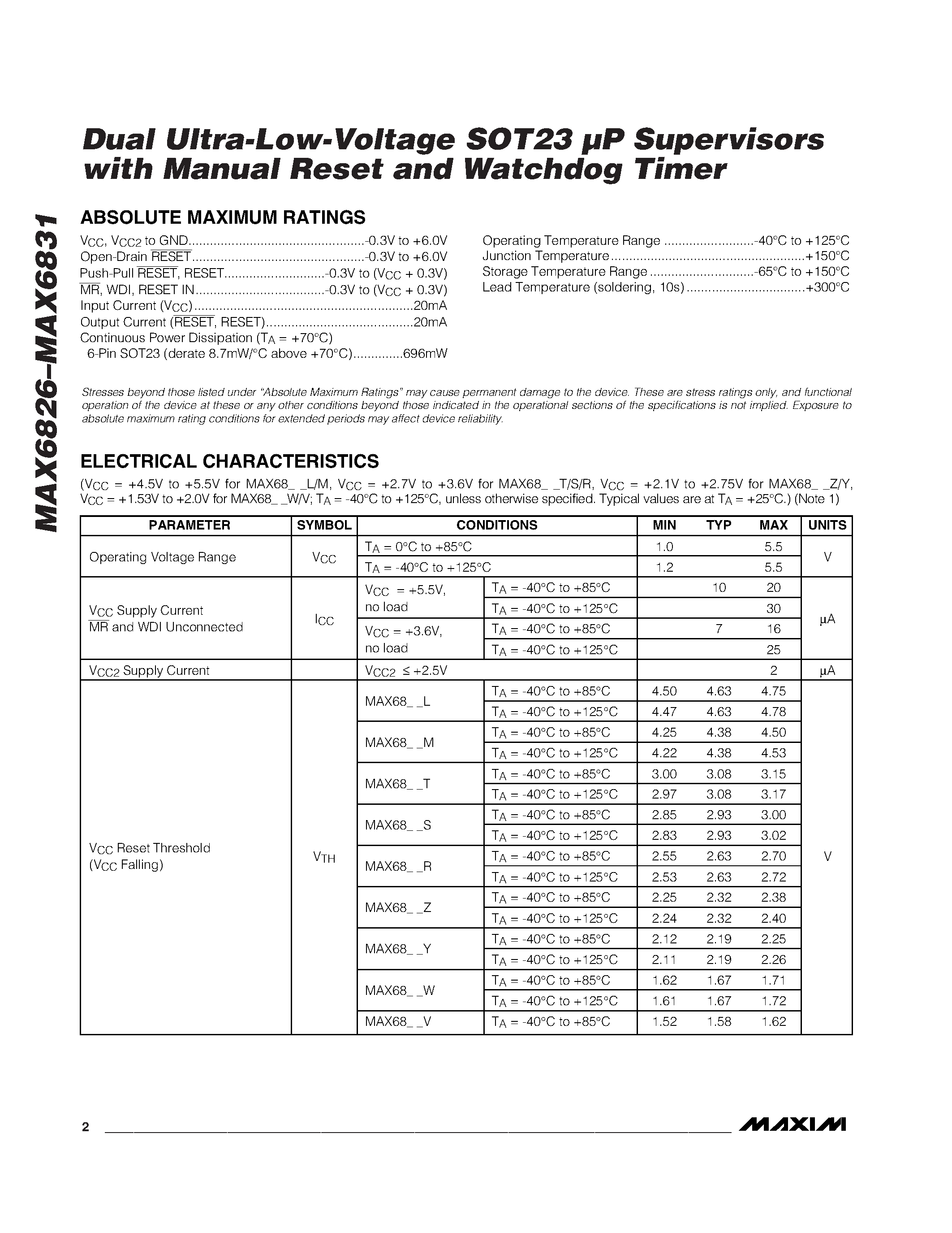 Даташит MAX6826 - Dual Ultra-Low-Voltage SOT23 P Supervisors with Manual Reset and Watchdog Timer страница 2