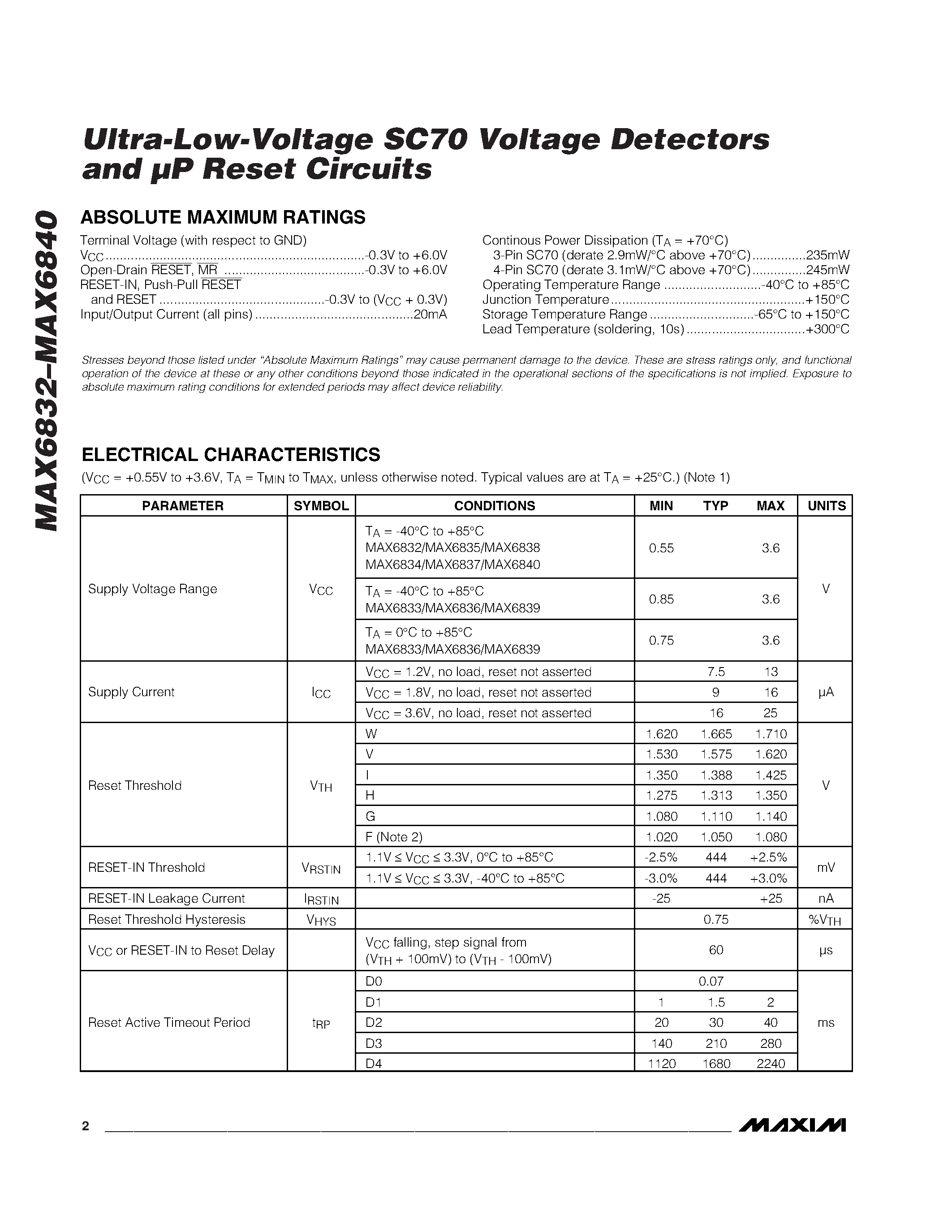 Datasheet MAX6836_XSD_-T - Ultra-Low-Voltage SC70 Voltage Detectors and P Reset Circuits page 2